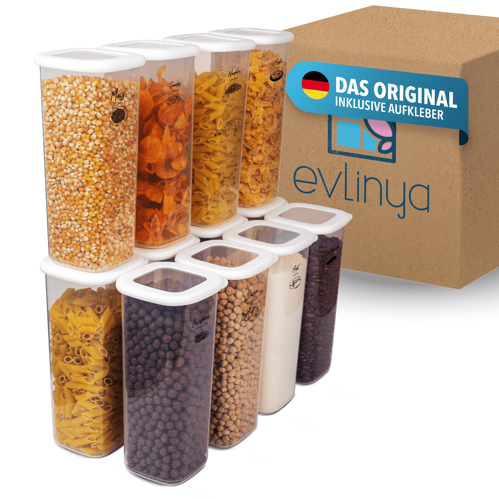 Evlinya Food Storage Container Set – Airtight Food Storage Containers With Lids, Stackable Kitchen And Fridge Organizer For Food Storage And Kitchen Organization – 12-piece Set, 1750 Ml, White