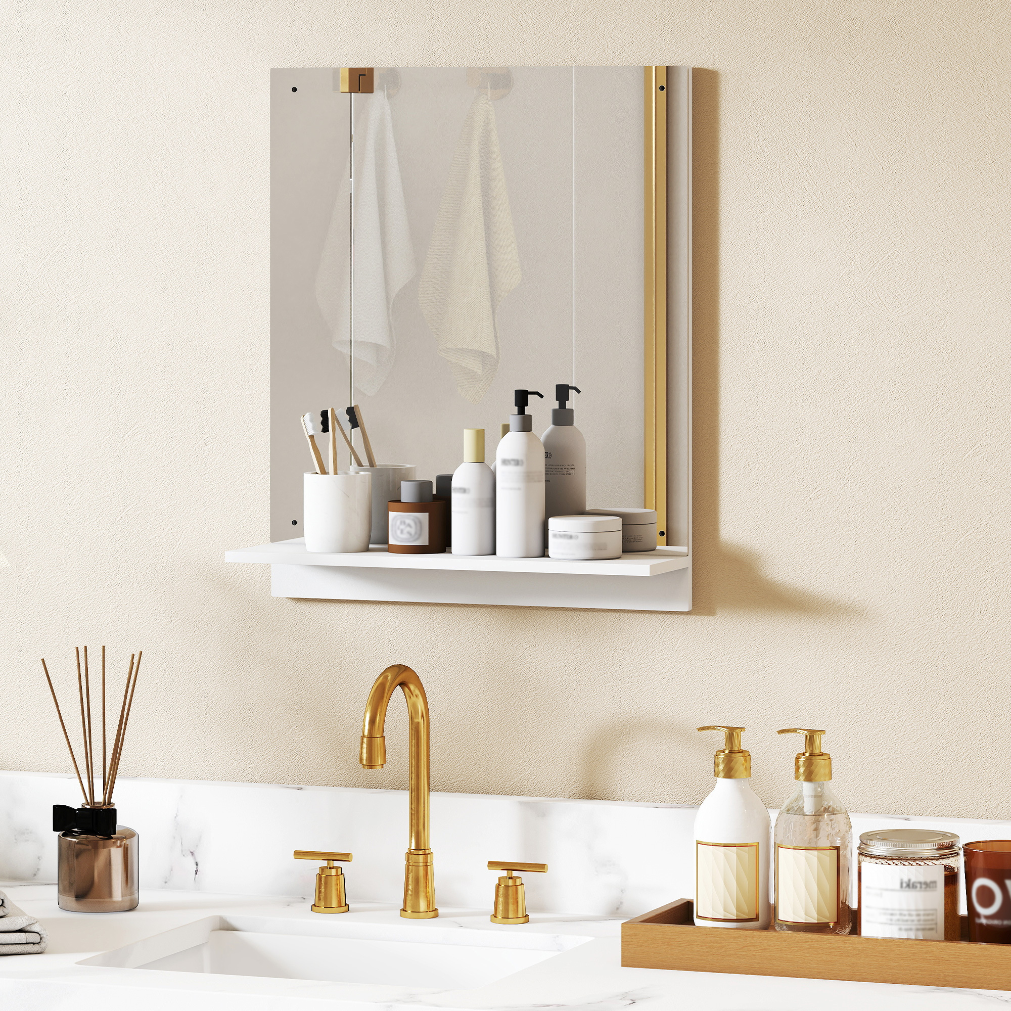 Bathroom Mirror 50 X 60 Cm Wall Mirror With Shelf, Mirror For Entrance Hall, , White