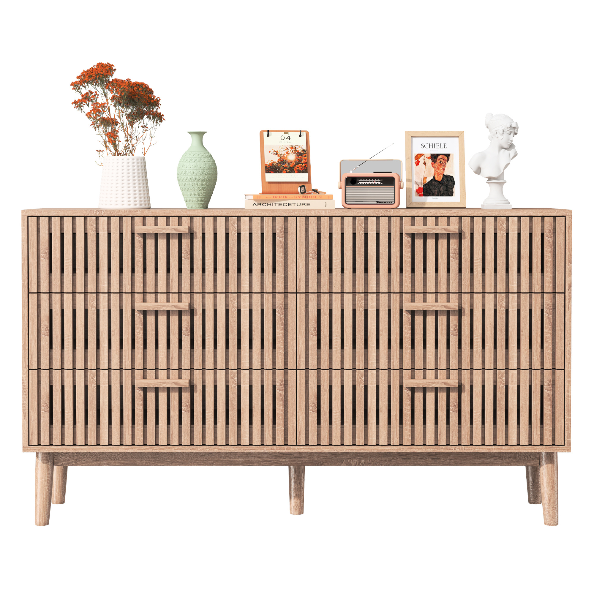 TEMU Cómoda de 6 Cajones con Estilo Flautado, Cómoda con Almacenamiento para Pasillo, Entrada, Soporte para TV con 6 Cajones, Gran Cómoda de Madera,