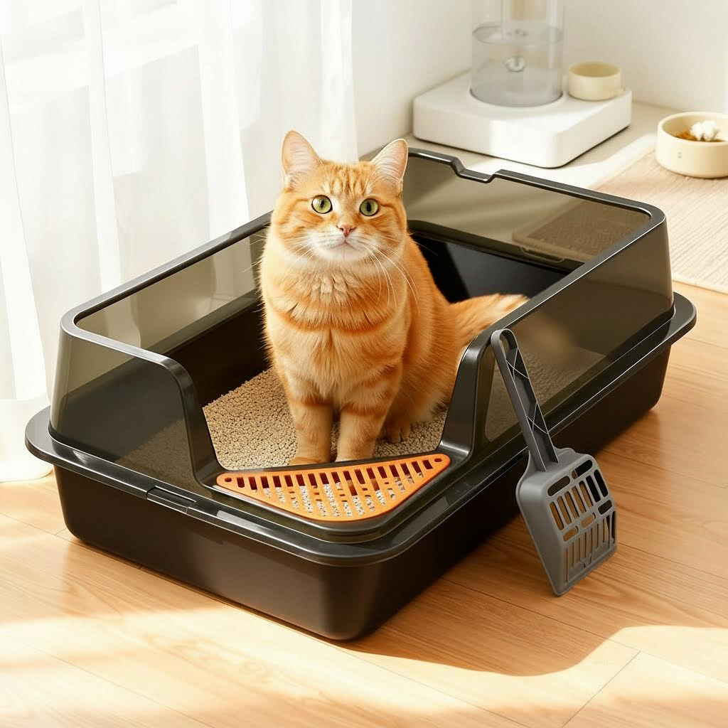 Image of Semi-enclosed Cat Litter Box, Easy-clean Rectangular Tray, Thick Base - For Multiple Cats & Large Breeds - Modern Low-profile, Ideal Gift For Pet Owners, Easter Gifts