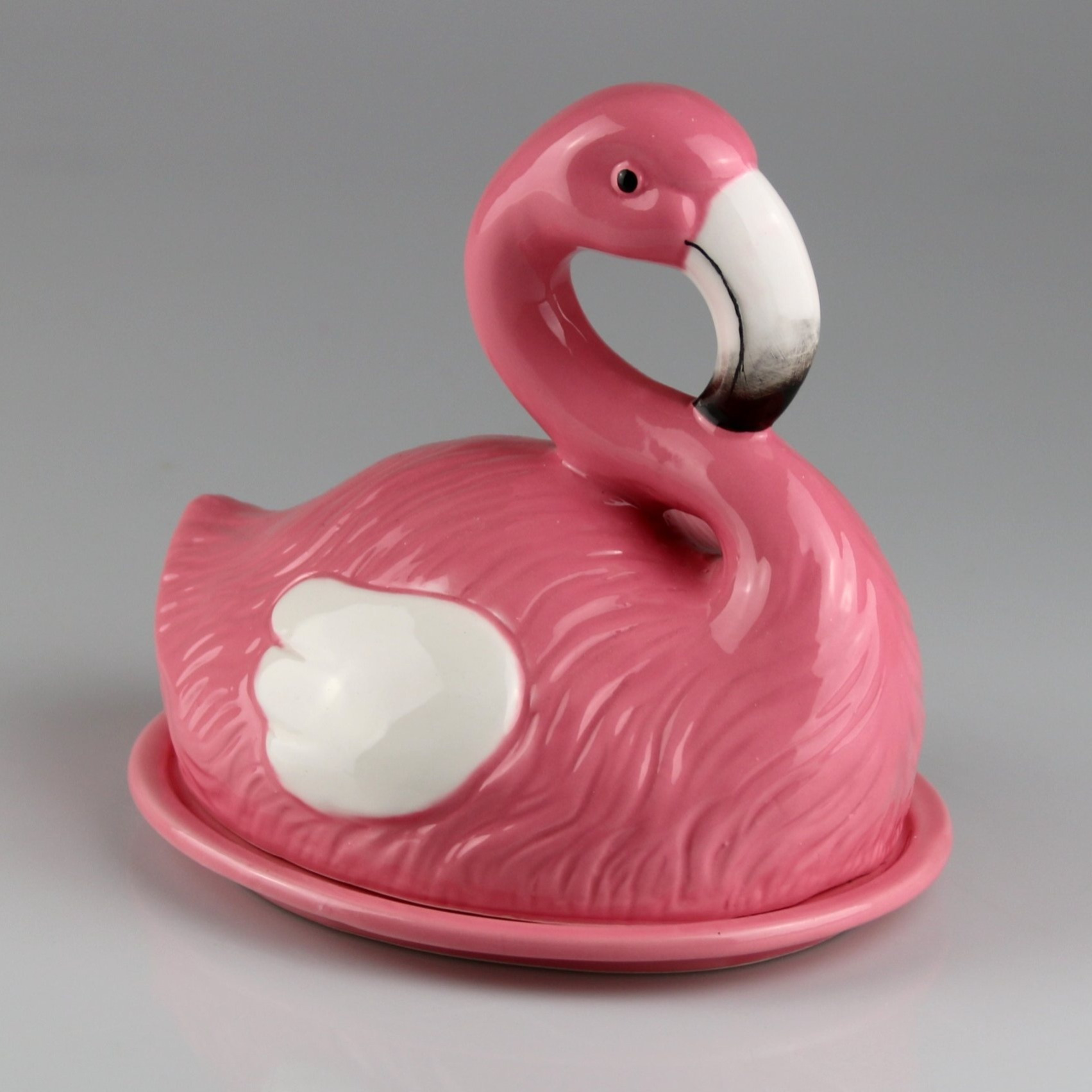 Image of Ceramic Flamingo Butter Dish - Original Butter Dish With Flamingo Motif 18x17 Cm