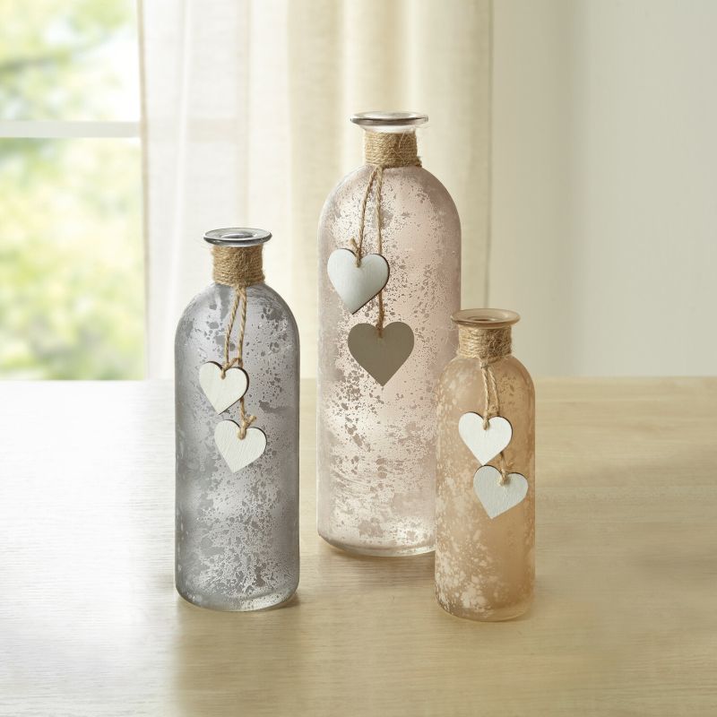 Image of 3-piece "bottle" Vases Set In Frosted Glass With Wooden Hearts, Flower Vase, Bottle Vase, Decorative Bottle, Vase Set