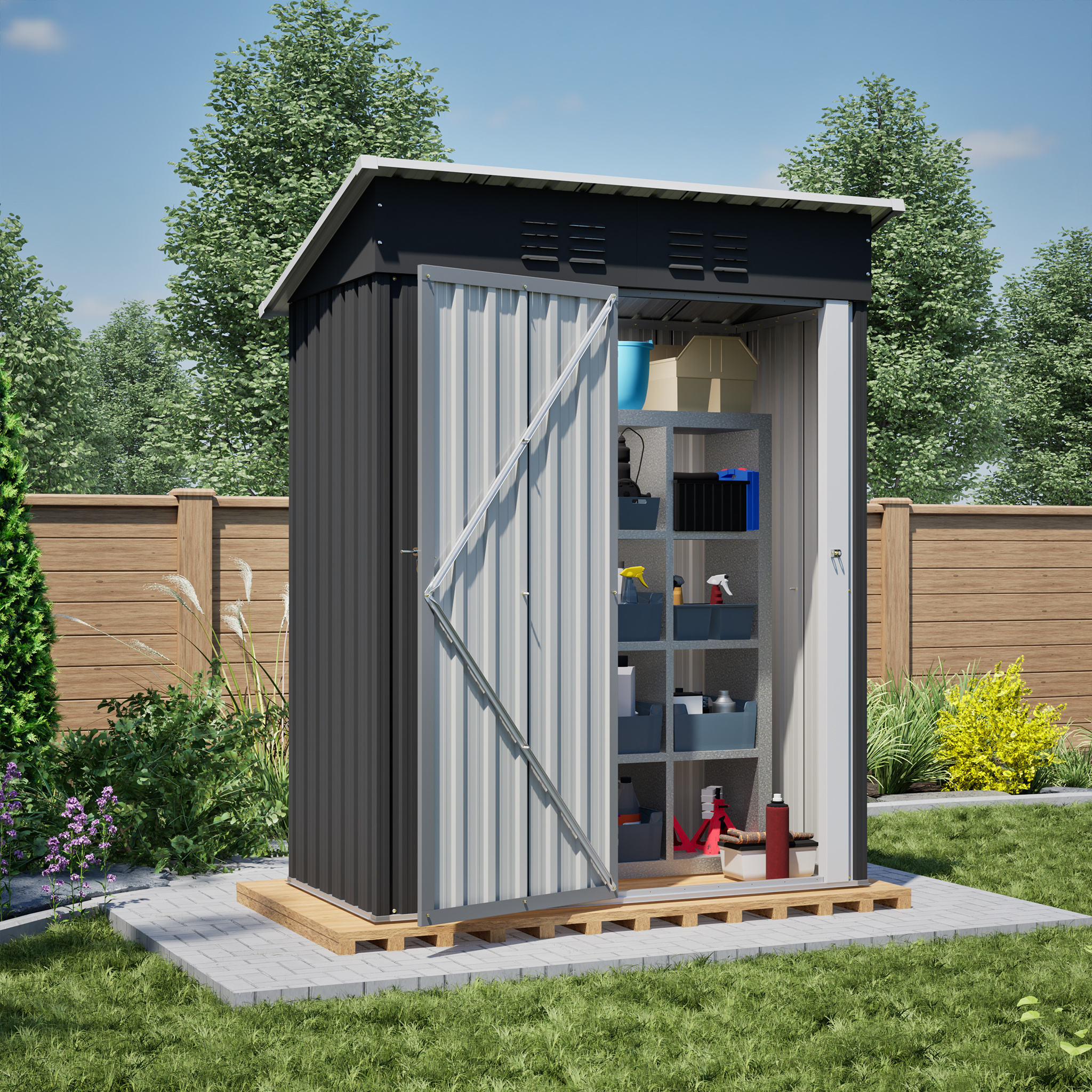 5*3ft metall-geräteschuppen für den garten, schrägdach-geräteschuppen, metallschuppen, gartenschrank, mit  , gartenhaus, aufbewahrungsschuppen, belüfteter außenschuppen, gartenschuppen aus stahl mit türschloss, 182x152x83cm 1m²  /grau, temporär, abnehmbar