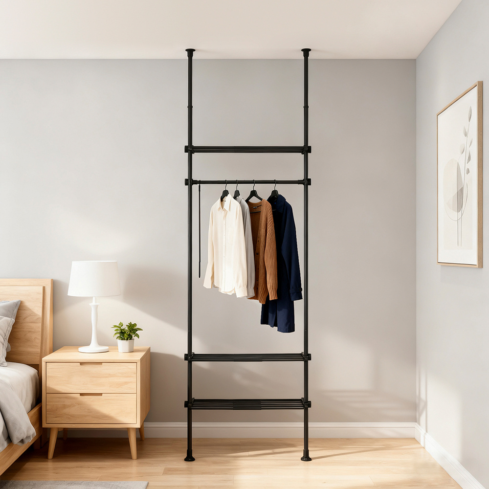 1-piece Telescopic Adjustable Clothes Rack With Shelves For Bedroom, Open Wardrobe, Haotian