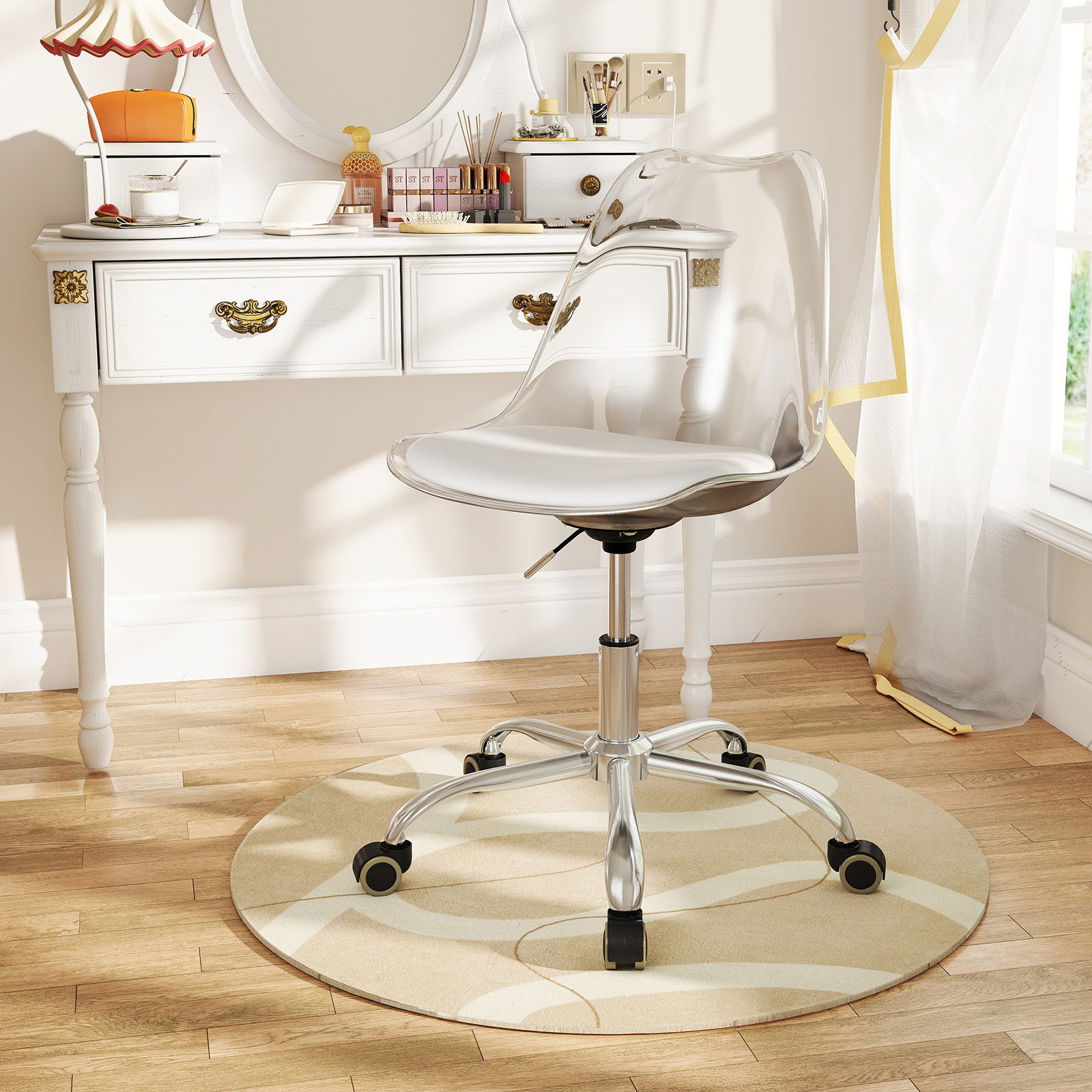 Image of Clear Desk Chair, Armless Rolling Office Chair With Swivel Seat & Pu Leather Cushion, Height Adjustable Modern Cute Vanity Chair With Sturdy Metal Base For Home Office