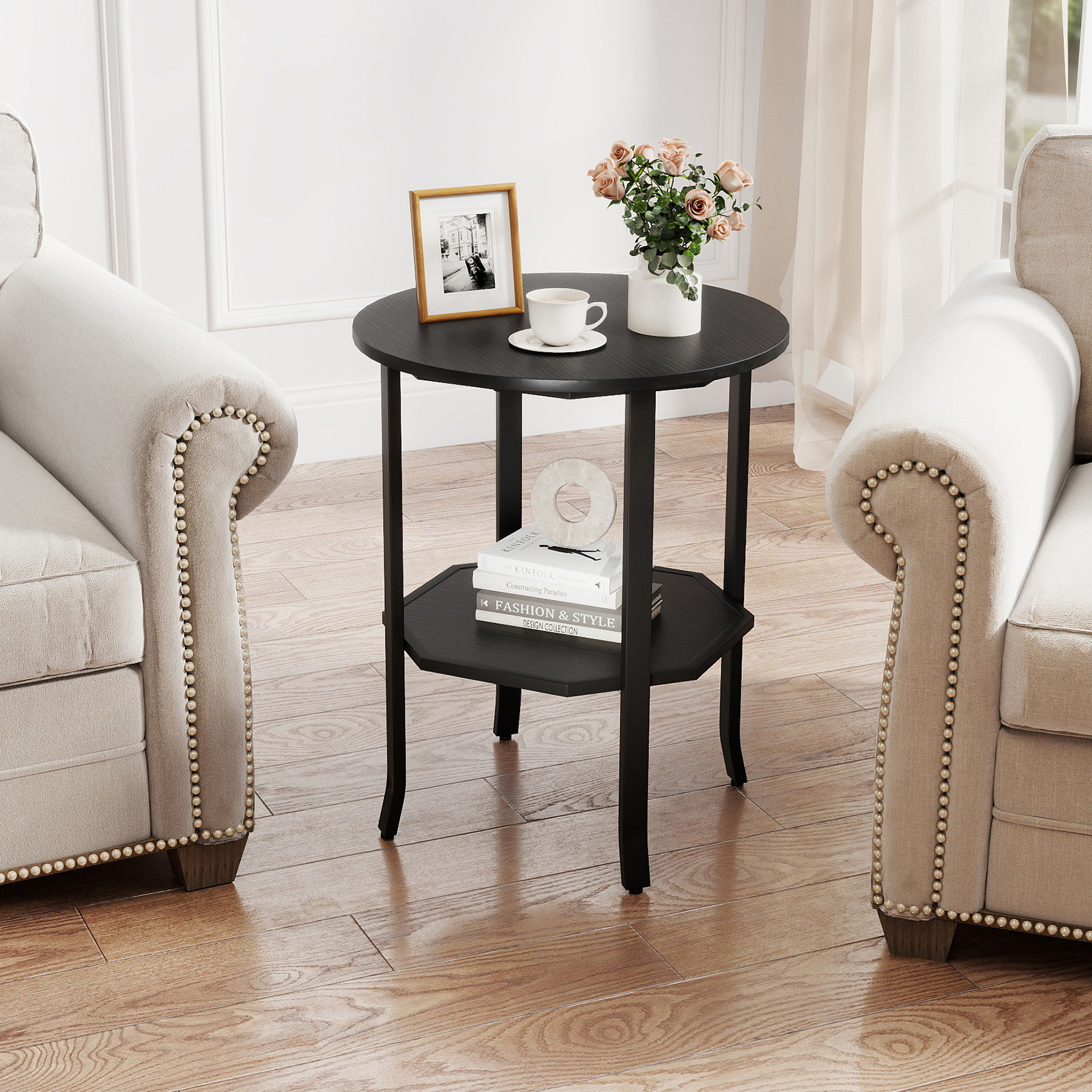 Round Side Table, 2-tier End Table With Storage Shelf, Industrial Accent Table Nightstand With Heavy-duty Metal Frame For Living Room Bedroom, Black