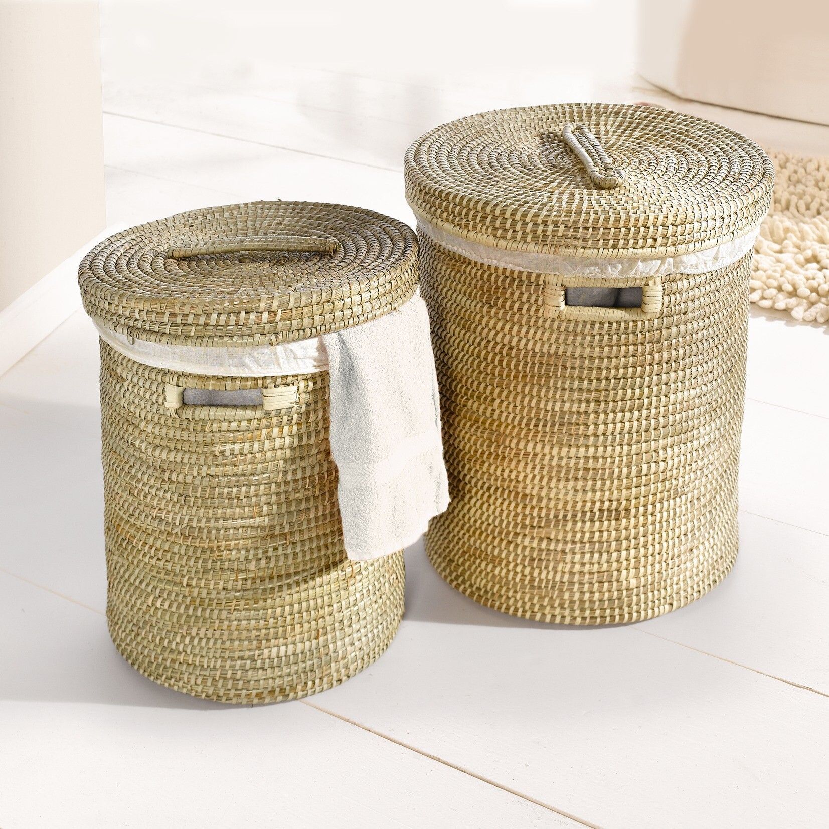 Seagrass Laundry Basket With Lid, Ø 40x50 Cm, Laundry Collector, Laundry Bin