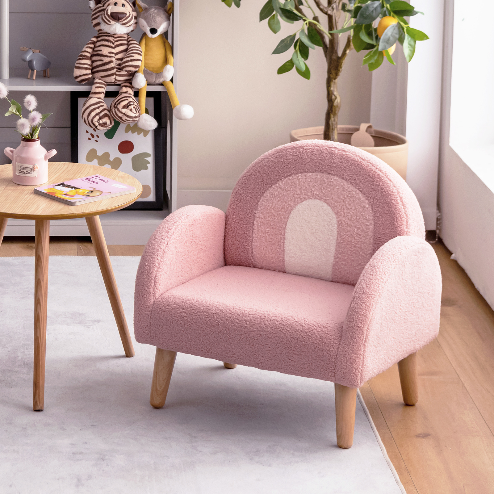 Image of Kid's Sofa Chair, Kid's Armchair W/ Soft Plush Fabric, High Elastic Foam, Solid Wood Legs, Upholstered Toddler Chair For , Suitable For Nursery, Playroom, Bedroom, Pink
