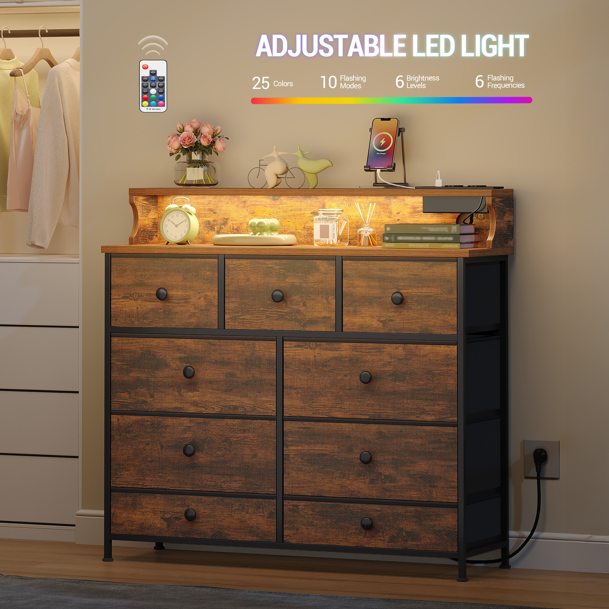 TEMU Cómoda Hzuaneri de 100 cm, 2 puertos USB y 2 puertos CA, con 9 cajones y tira de luces LED, versátil mueble de almacenaje para salón y