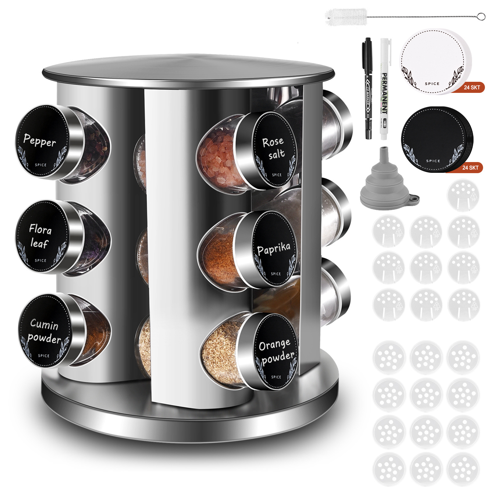 E-shop Gewürzregal,Gewürzkarussell Mit 12pcs Rund Gewürzgläser,360 Drehbarer Edelstahl Gewürz Organizer,Gewürzständer Stehend für Küchenarbeitsplatten,