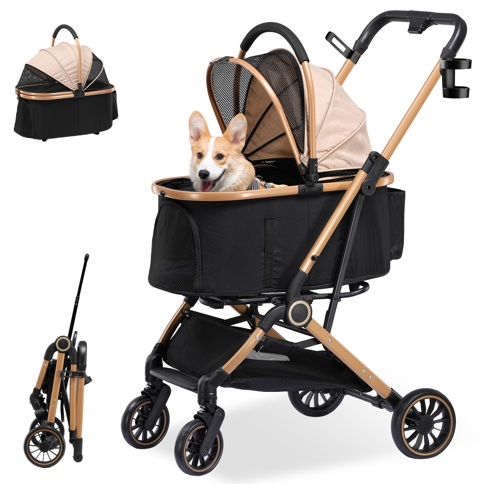 Image of Foldable Dog Stroller For Up To 25kg, Eva Front Wheels And Rear Brakes, 4-in-1 Pet Cart, Collapsible Cat Stroller With 181° Adjustable Canopy And Cup Holders
