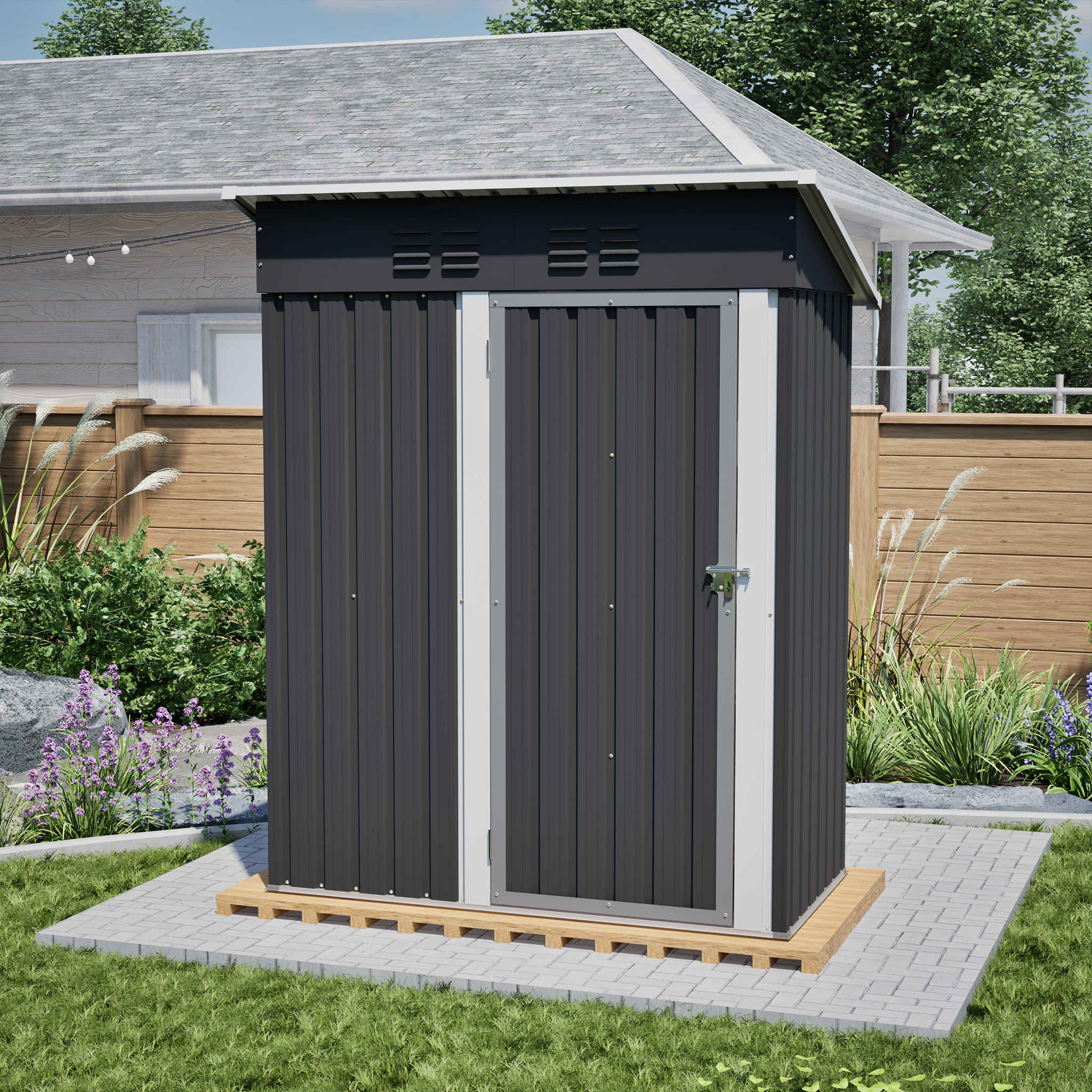 Artikelbild 5*3ft metall-geräteschuppen für den garten, schrägdach-geräteschuppen, metallschuppen, gartenschrank, mit  , gartenhaus, aufbewahrungsschuppen, belüfteter außenschuppen, gartenschuppen aus stahl mit türschloss, 182x152x83cm 1m²  /grau, temporär, abnehmbar