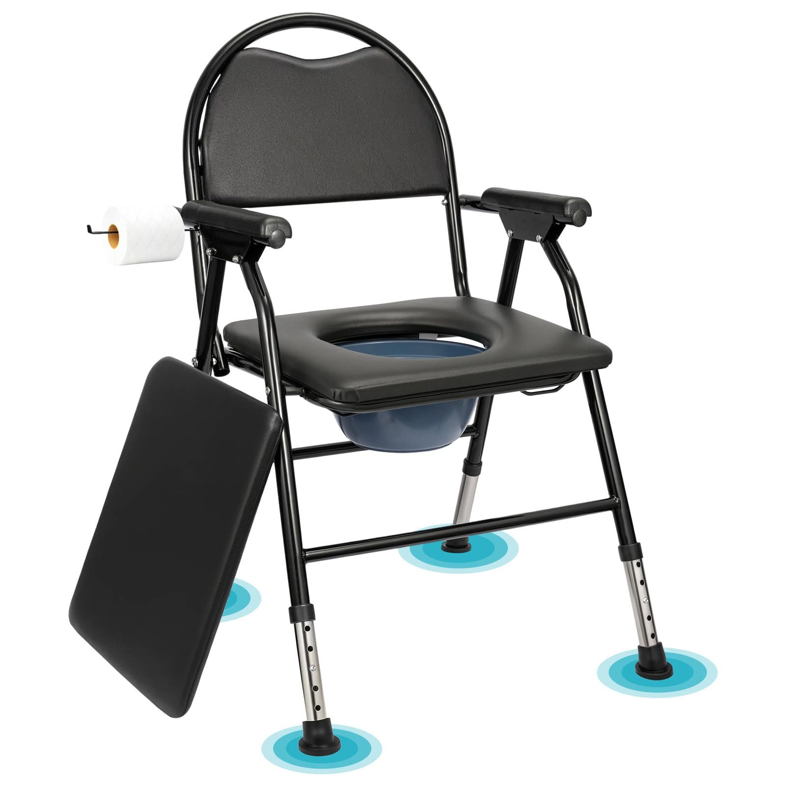 Image of A Toilet Chair Designed For The Elderly With An Extra-safe Frame, A Folding Mechanism With Armrests, And A Foldable Shower Chair With A Padded Seat