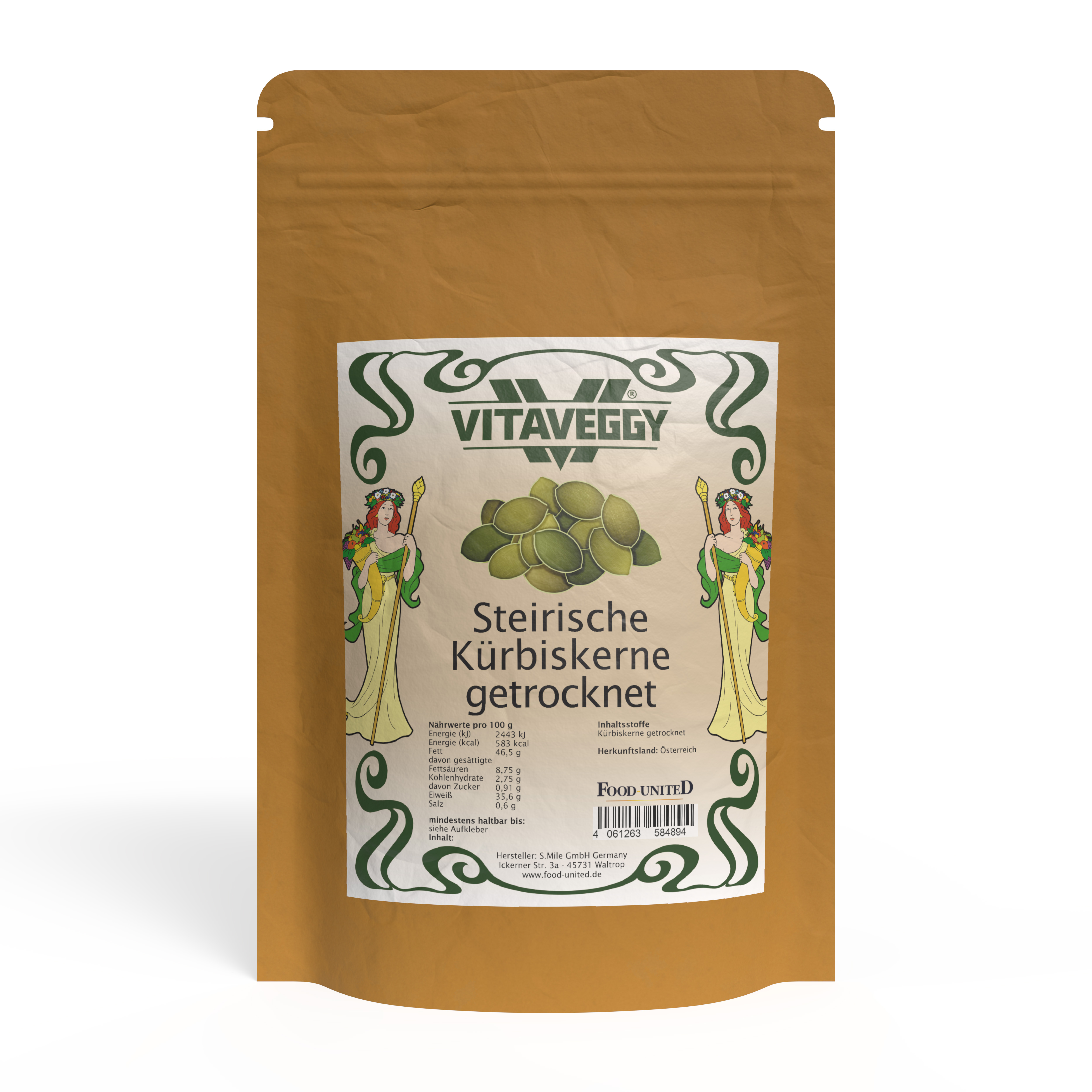 E-shop VITAVEGGY® grüne STEIERMARK-KÜRBISKERNE 1000g ohne Schale von Food-United - aus Österreich – vom steirischen Ölkürbis für steirisches