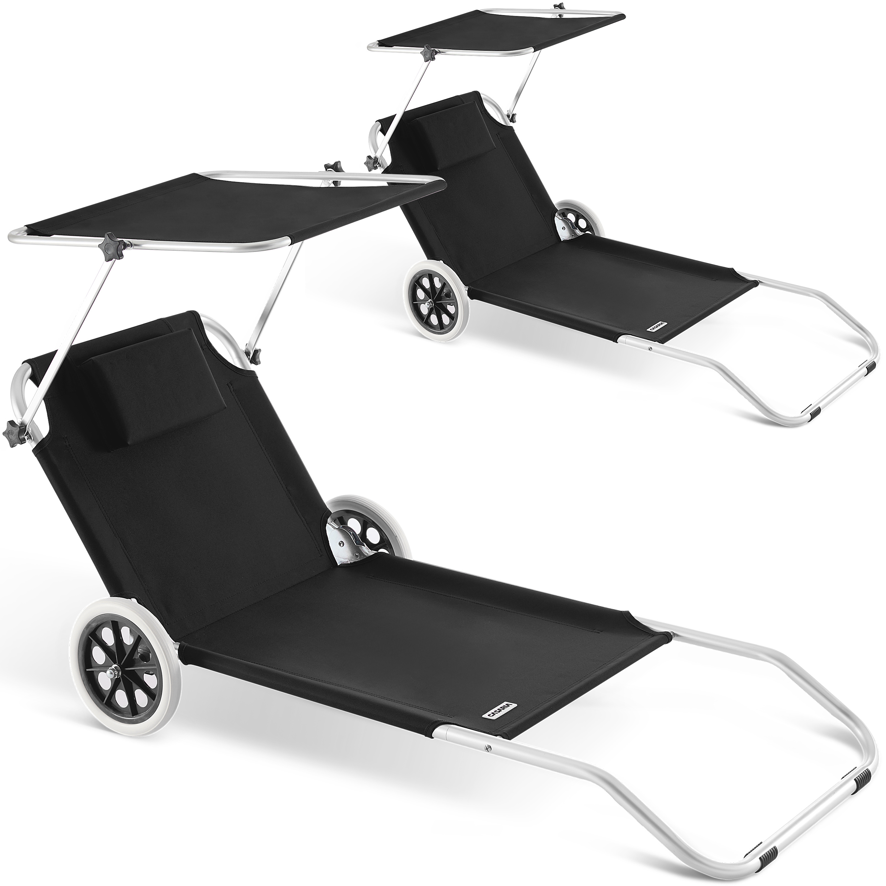 Casaria® Folding Chair With Aluminum Sun Canopy, Wheels, Pillow, Side Pocket, Garden Lounge Chair