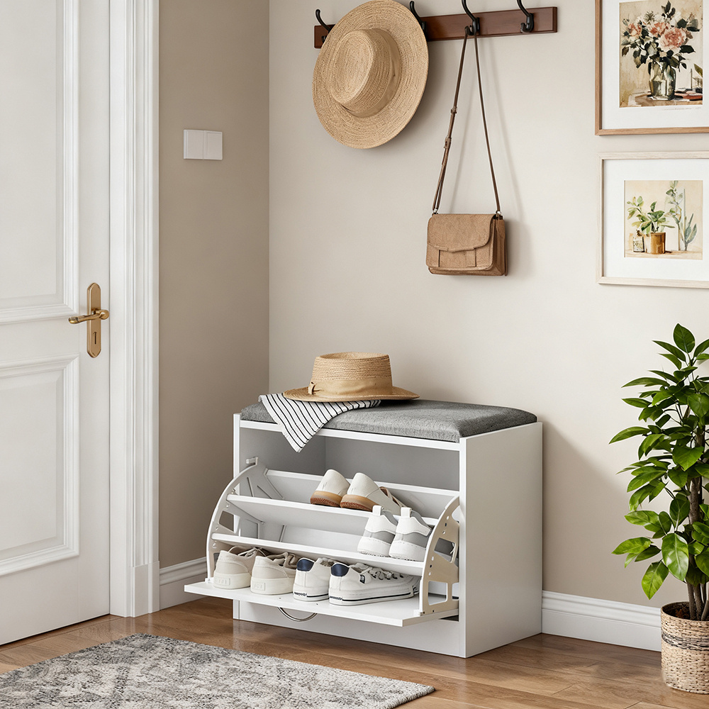 1pc 60x46x30cm Shoe Bench With Flap And Storage, , Modern Floor Furniture, Bench For Hallway, Entrance Area, Living Room, White+light Grey, Haotian Gts211-x