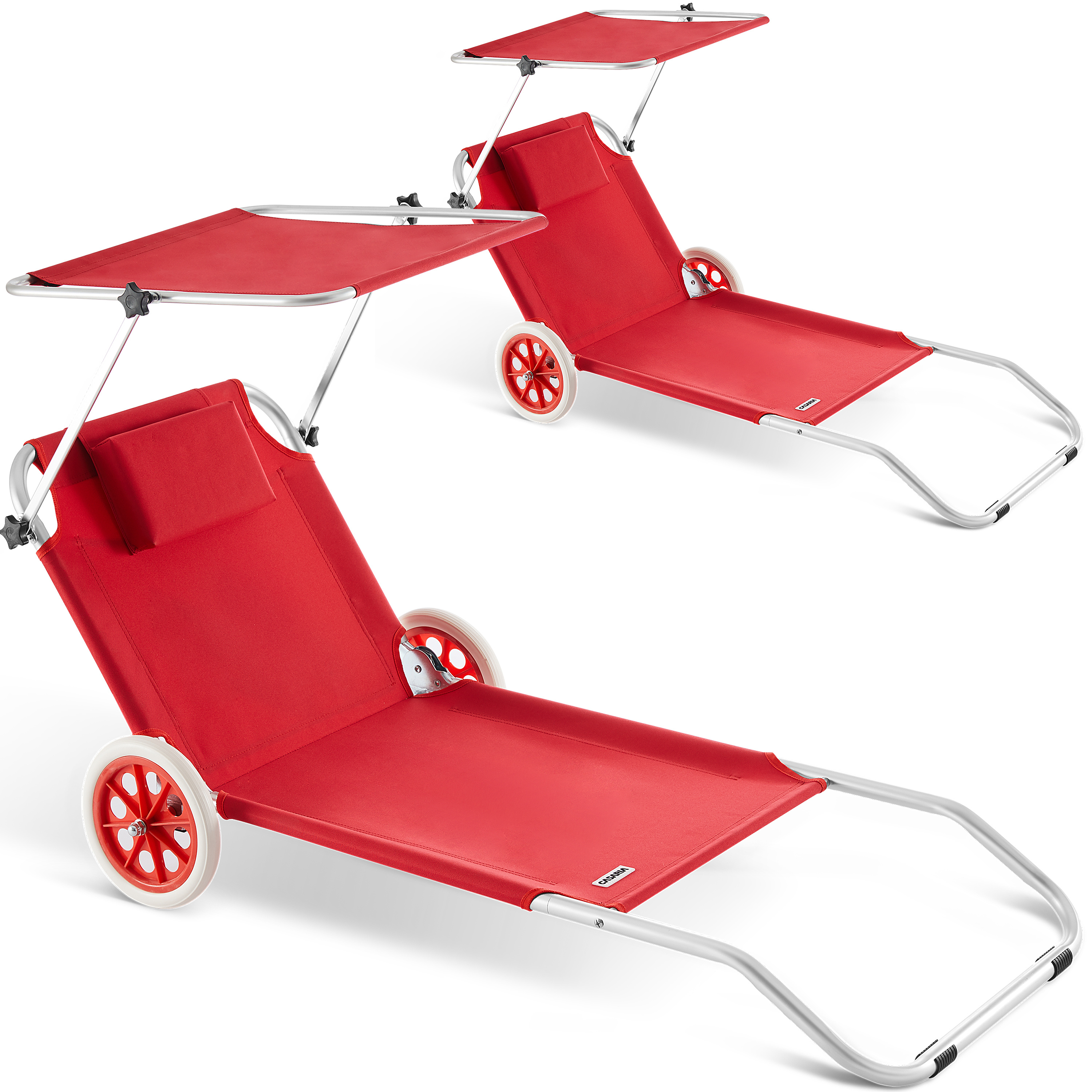 Image of Casaria® Folding Chair With Aluminum Sun Canopy, Wheels, Pillow, Side Pocket, Garden Lounge Chair