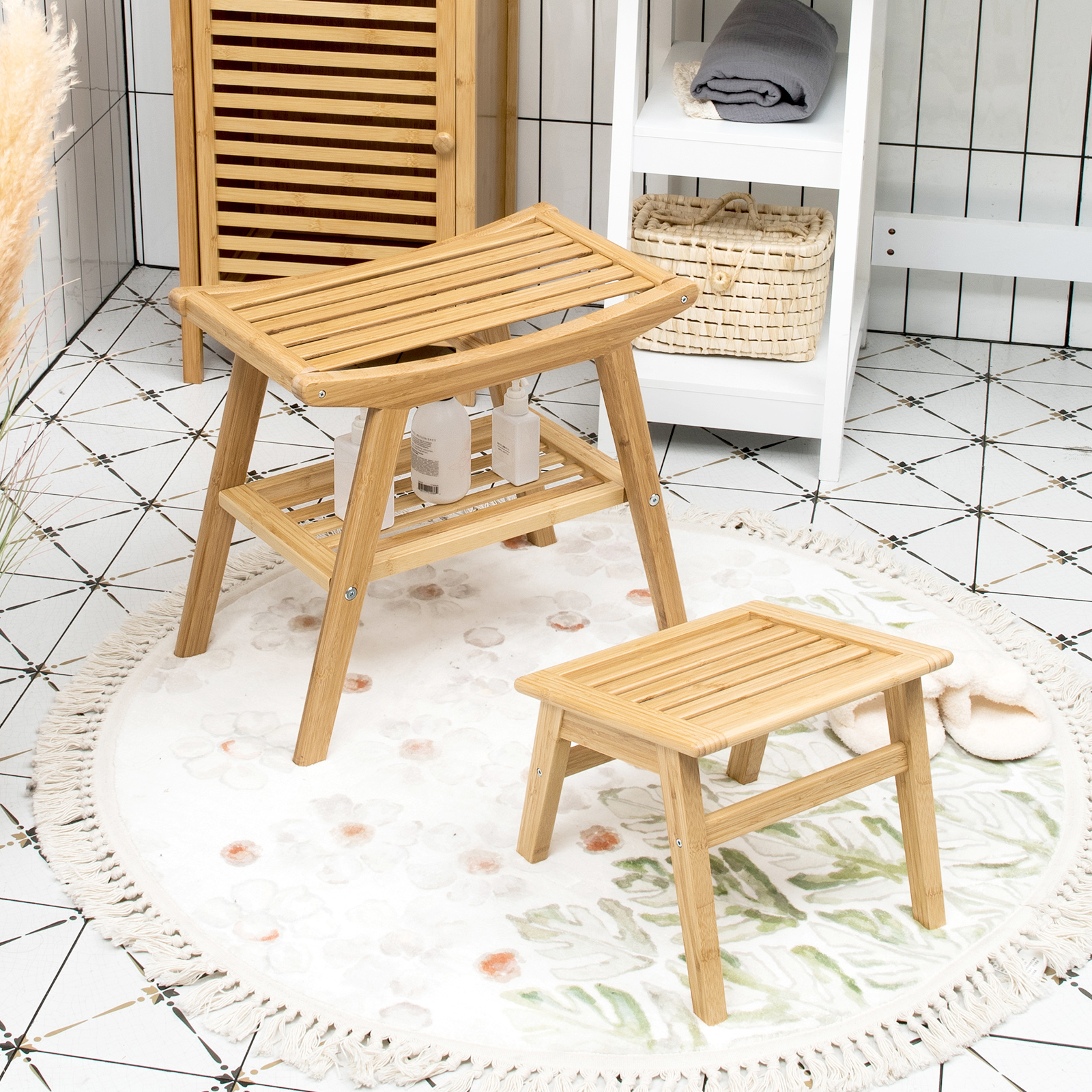 Image of Bamboo Shower Bench With Foot Stool, 2-tier Wood Spa Bath Seat With Underneath Storage Shelf, Bath Chair Organizer For Inside Shower