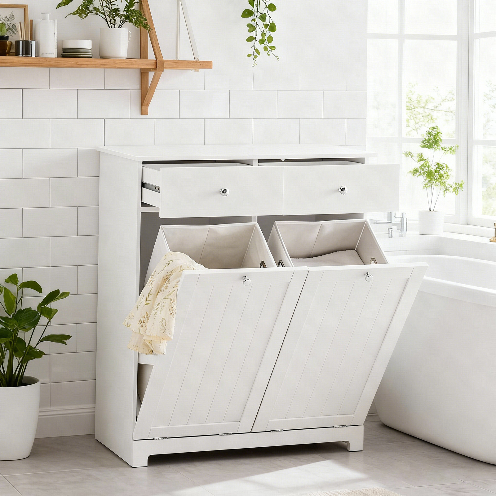 Image of 1pc Of Bathroom Cabinet With Laundry Basket And 2 Drawers, Laundry Cabinet For Bathroom And Laundry Room,, Modern Haotian