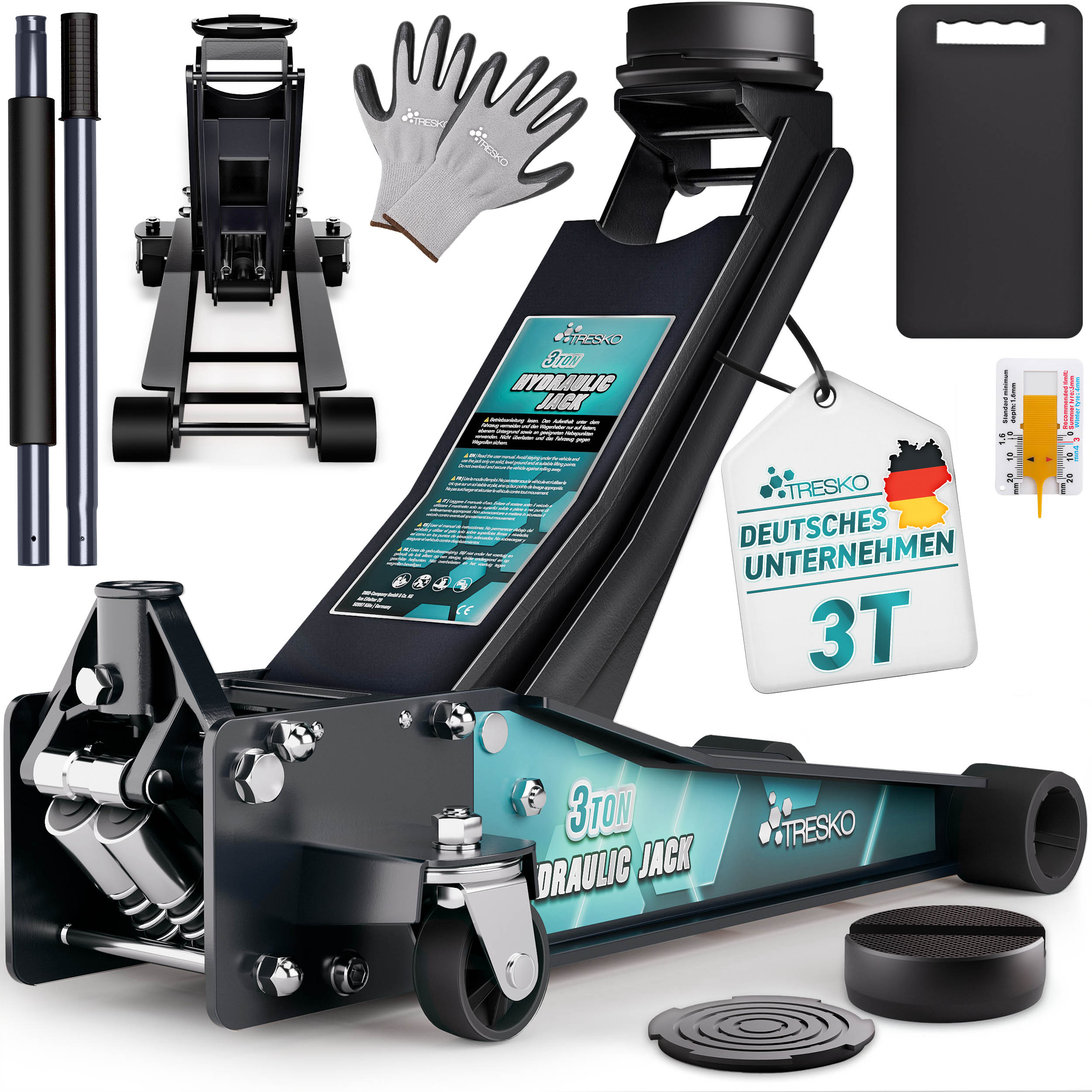 E-shop TRESKO® Wagenheber hydraulisch 2,5 - 3T | Hydraulik Auto SUV KFZ Rangierwagenheber flach & 360° Rollen inkl. 2X Gummiauflage, Schutzmatte,