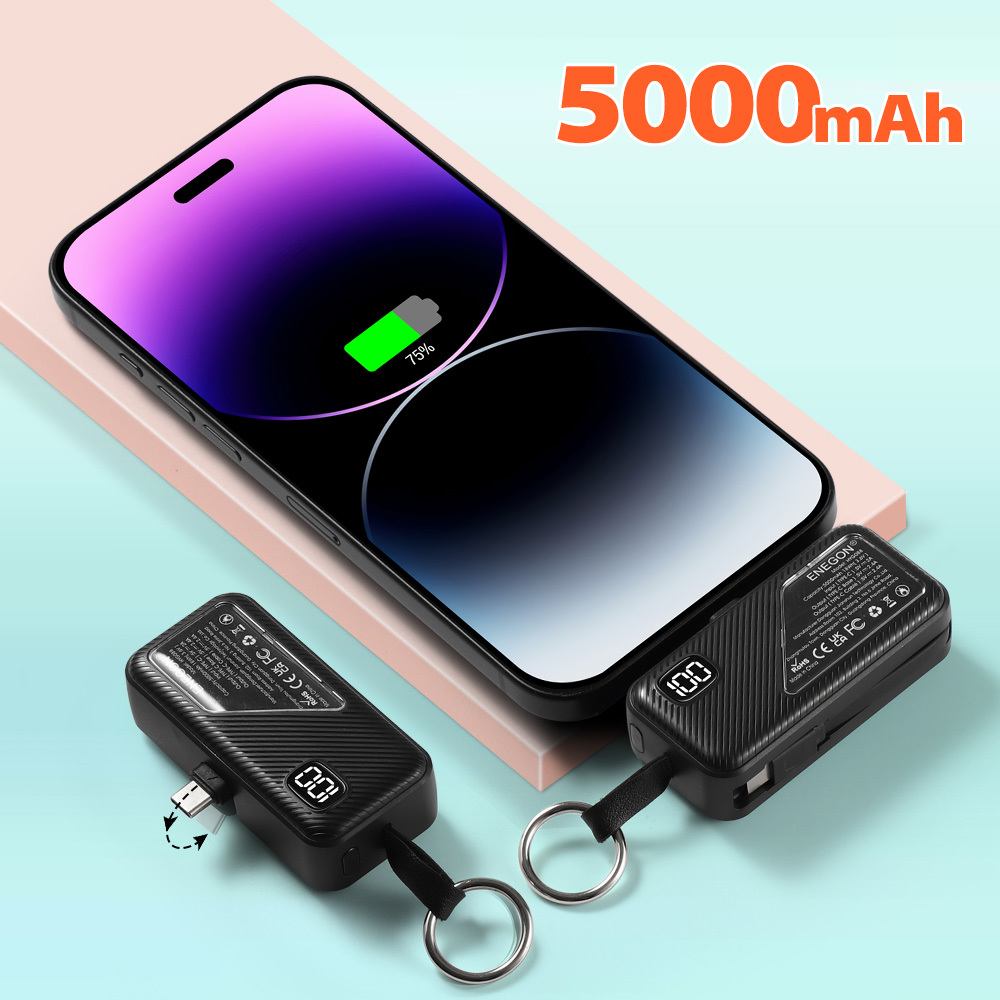 E-shop ENEGON 2-teiliges 5000-mAh-Mini-Powerbank-Set mit USB-C & klappbarem Typ-C-Anschluss, schnellladefähige Powerbank, Notfall-Backup-Akku,