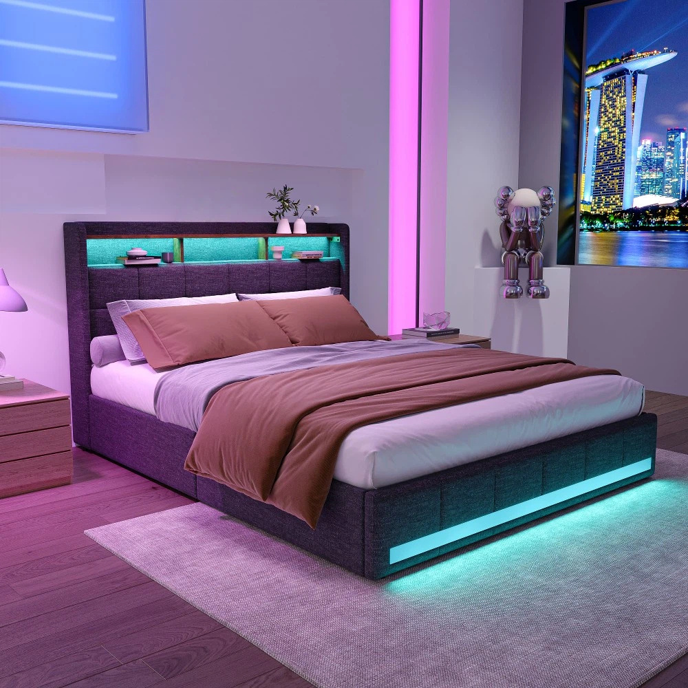 TEMU Cadre de lit double avec LED, lit rembourré avec 4 tiroirs, lit capitonné avec rangement, tête de lit avec rangement, (, 160*200)YCZxgfafa