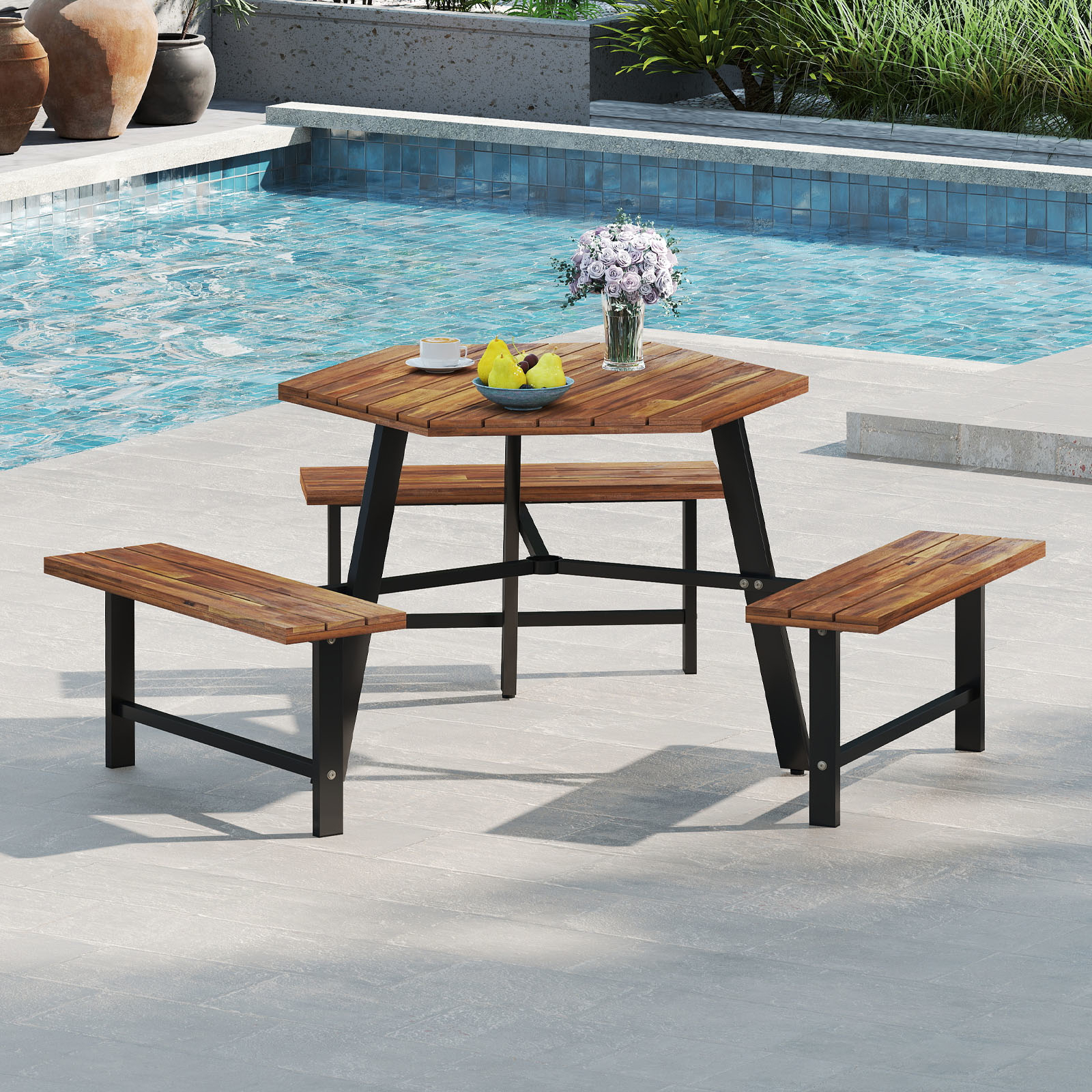 6 Person Acacia Wood Picnic Table Bench Set, Outdoor Dining Table With 3 Seats, Umbrella Hole, Slatted Tabletop Metal Frame, Camping Table For Garden, Backyard, Porch, Patio