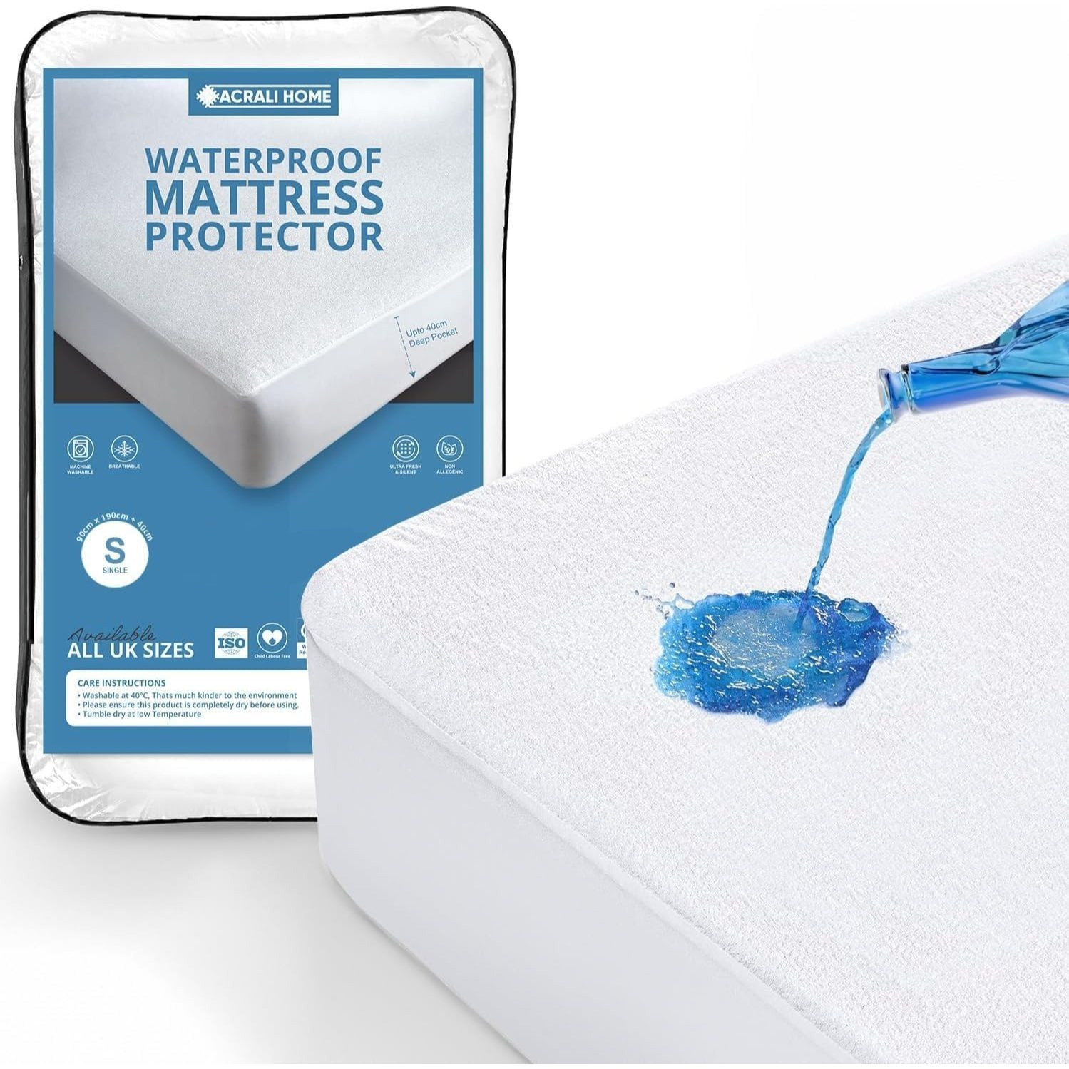 TEMU Acrali Home 100% Waterproof Mattress Protector With Extra Deep 40 Cm Skirt, In Pack 1 And 2, Premium Terry Towel Cotton Mattress Cover, Washable
