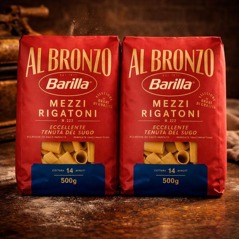 Image of Barilla Double Pack Bronze Mezzi Rigatoni No. 322 - Italian Premium Hard Wheat Pasta Pressed From Bronze Molds - Pasta With Rough, Ridged Surface For Perfect Sauce Adhesion - 500 G