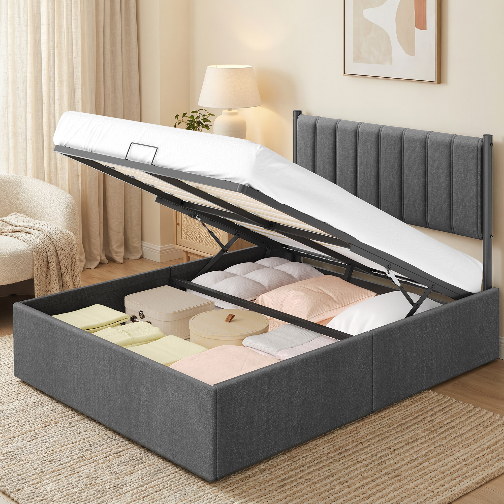 TEMU Cadre de lit double 140 x 190 cm, sommier à lattes relevables, lit coffre avec espace de rangement, système hydraulique, style moderne, facile à
