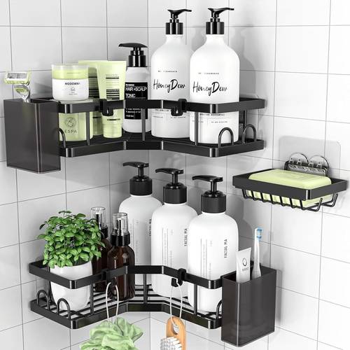 3pcs shower caddy curved space saving corner shelf tool free installation 18kg capacity 8 hooks rust proof stainless steel bathroom accessories with soap holder toothpaste holder ideal for small bathrooms kitchen
