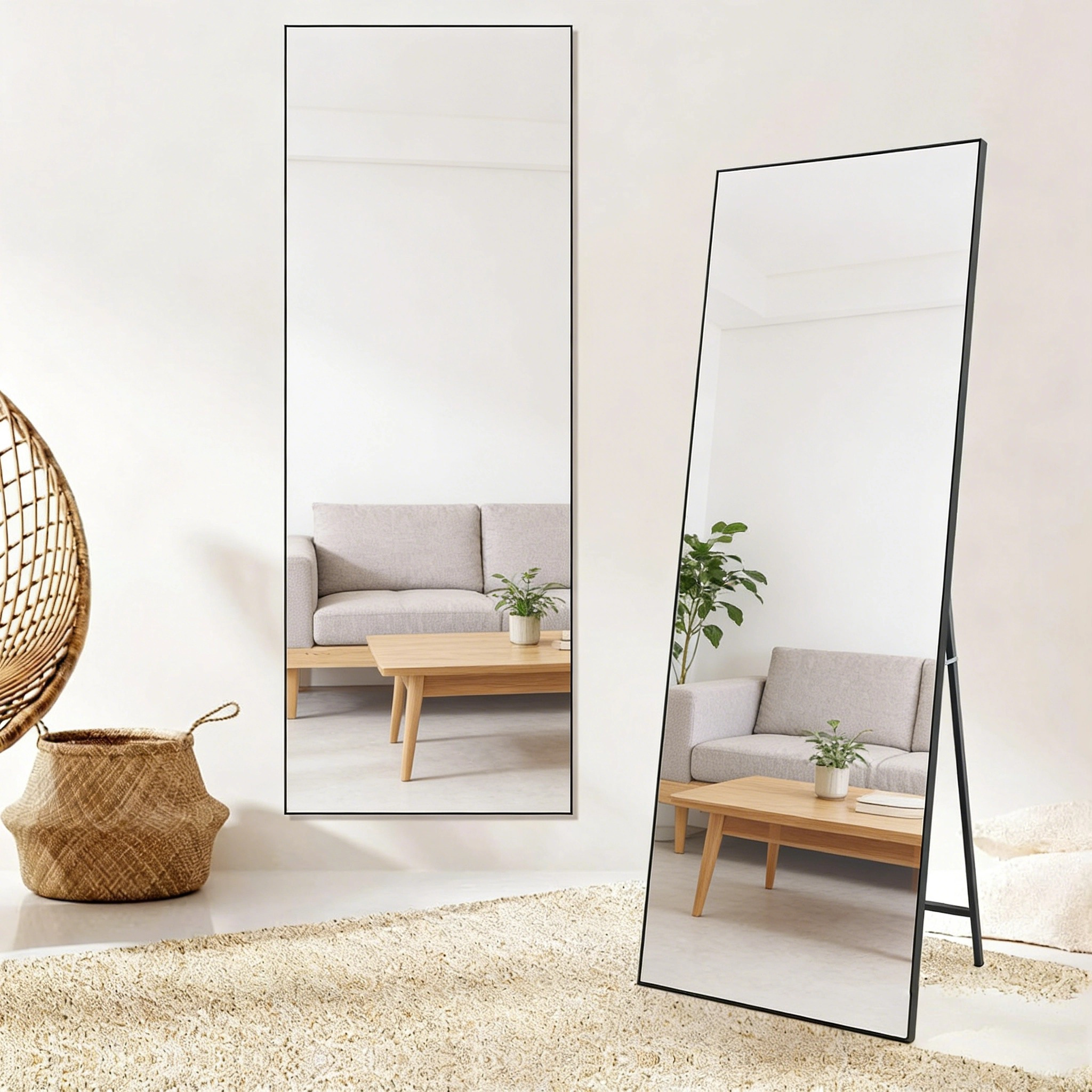 Oglindă verticală de lungime completă, 171 X 76 cm, cu design ramă din aluminiu, potrivită pentru a sta în picioare, a se sprijini deperete sau a fi agățată. Ideală ca oglindă lungă pentru dormitoare sau sufragerii. Model negru.