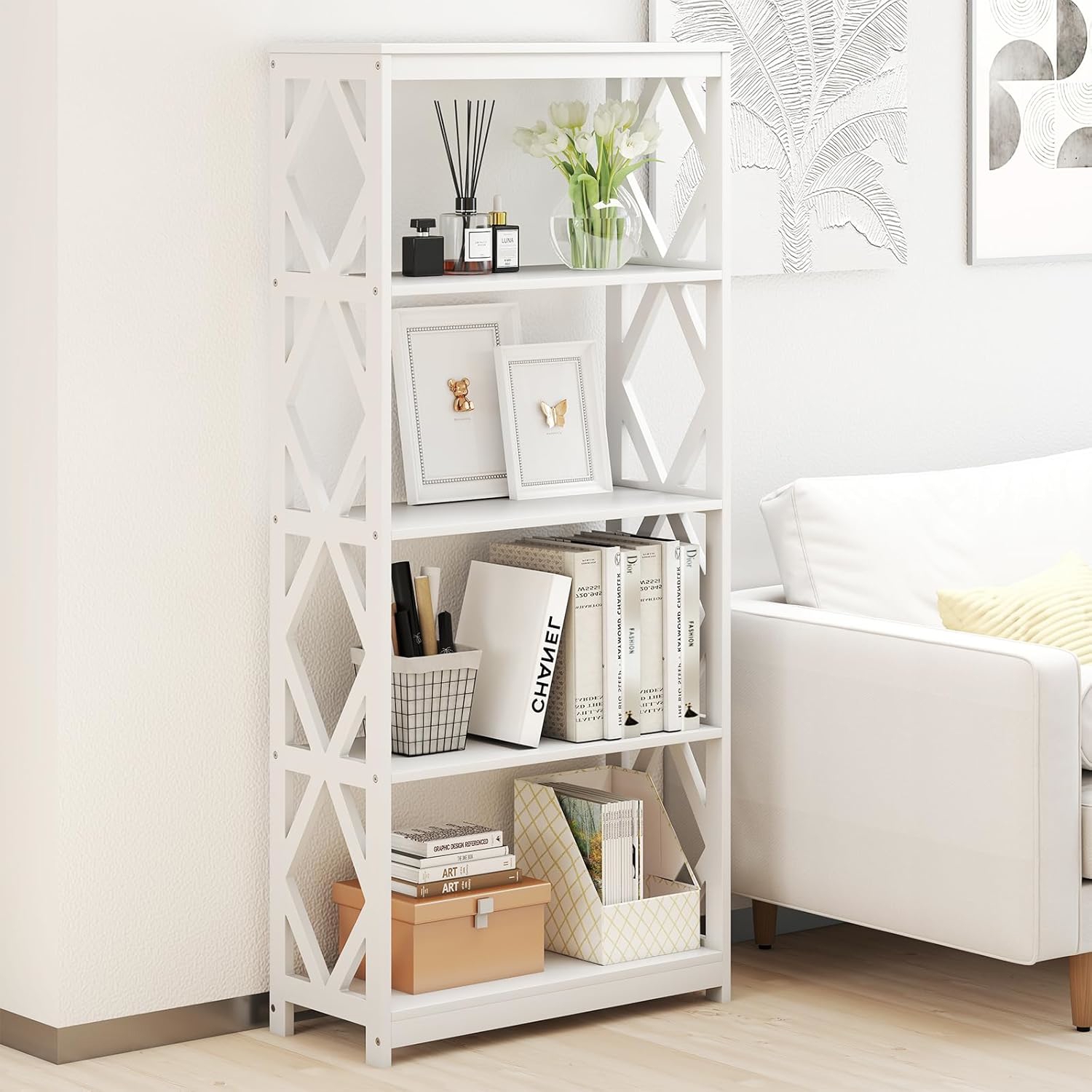 Open Wooden Library With Structure, Storage Shelf For Exhibition, White