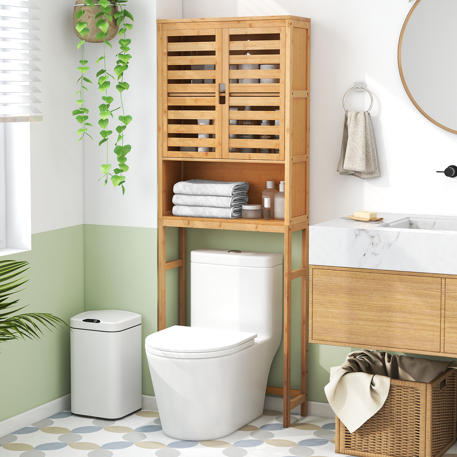 Image of Over The Toilet Storage Cabinet, Tall Bathroom Shelf Organizer With Louver Doors, Anti-tipping Device, Bottom