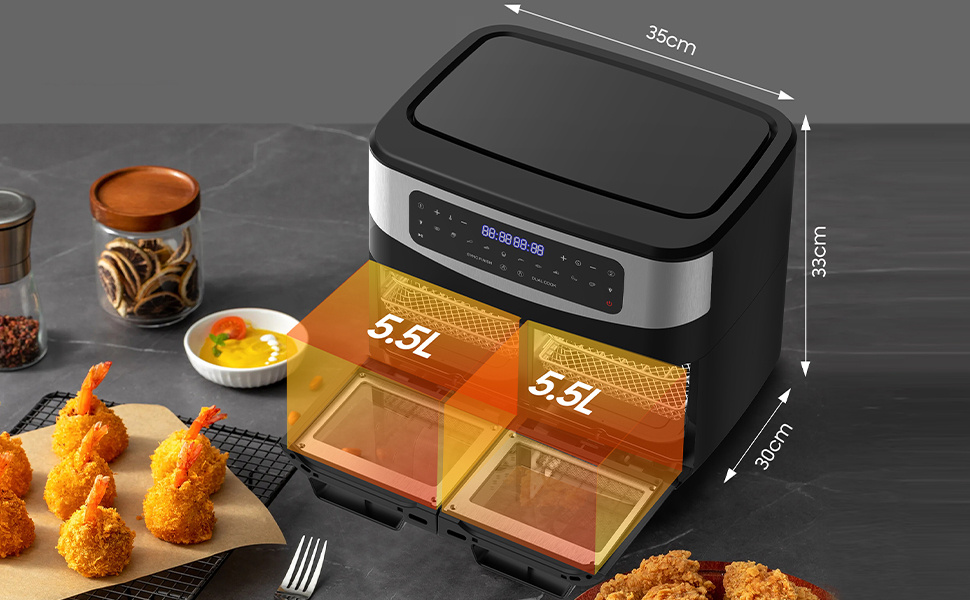 12L Dubbele Kamer Airfryer, XXL Heetluchtfriteuse met Kijkvenster, Digitaal LED-Display, 2 Vakken, 10 Programma's, Sync Afwerking & Dubbele Kookfunctie, Dehydratorfunctie, Timer, Gebruiksvriendelijk, 50-200°C, 2600W