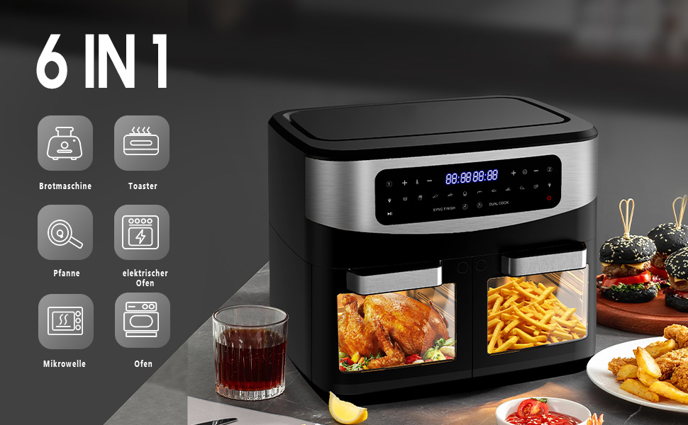 12L Dubbele Kamer Airfryer, XXL Heetluchtfriteuse met Kijkvenster, Digitaal LED-Display, 2 Vakken, 10 Programma's, Sync Afwerking & Dubbele Kookfunctie, Dehydratorfunctie, Timer, Gebruiksvriendelijk, 50-200°C, 2600W