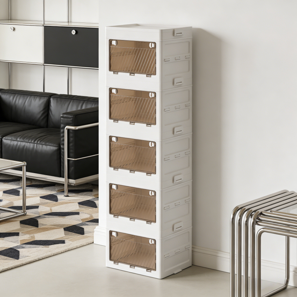 TEMU 5 Tier Folding Clothes Storage Box Multi Purpose Slim Cabinet With Transparent Doors And A Cover Tower Unit Container Bin Ideal For Cosmetics,