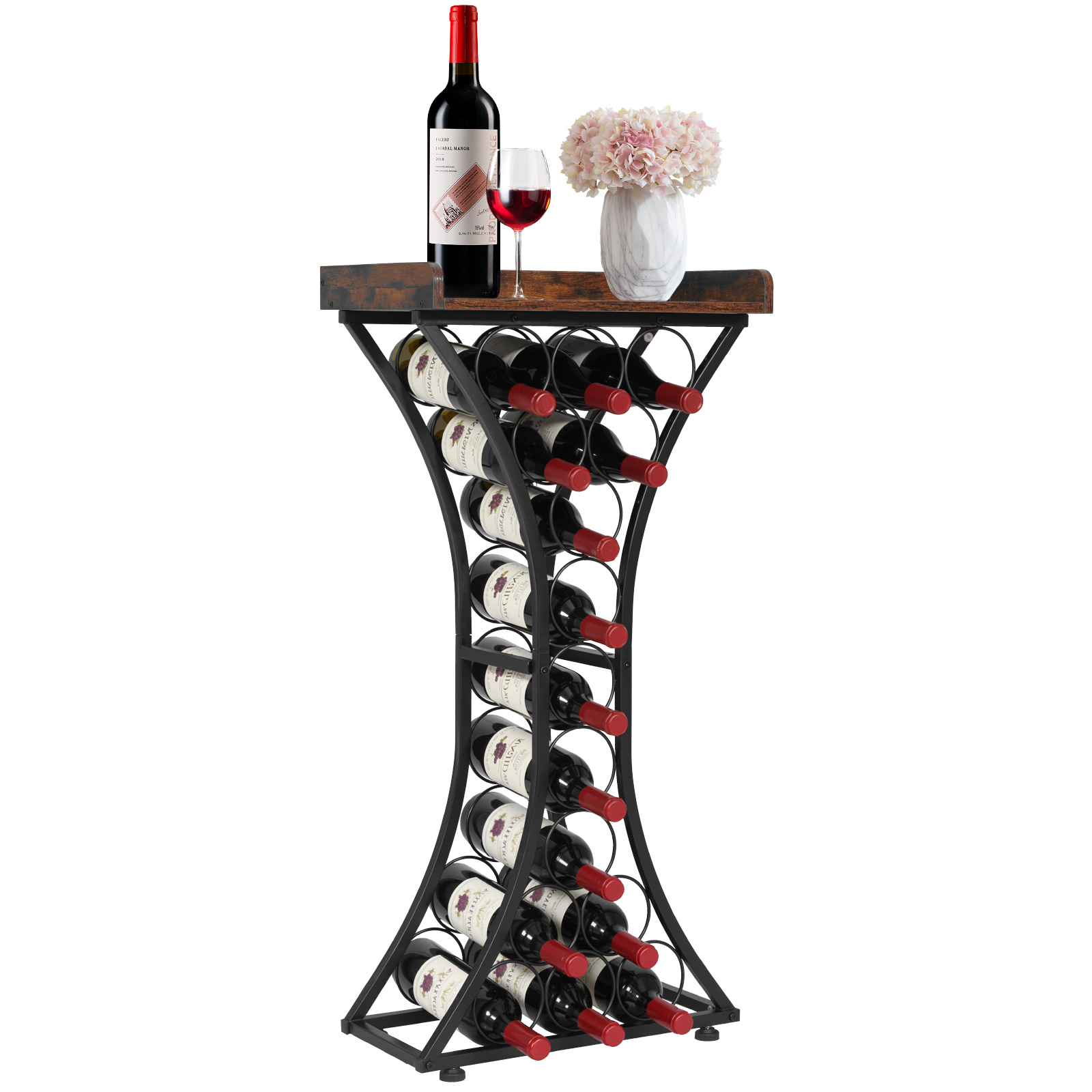 TEMU VEVOR Casier à vin pour 15 bouteilles, Porte-bouteilles sur pied autoportant en fer, Mini bar avec dessus en bois, Pour bar , cuisine, salon,