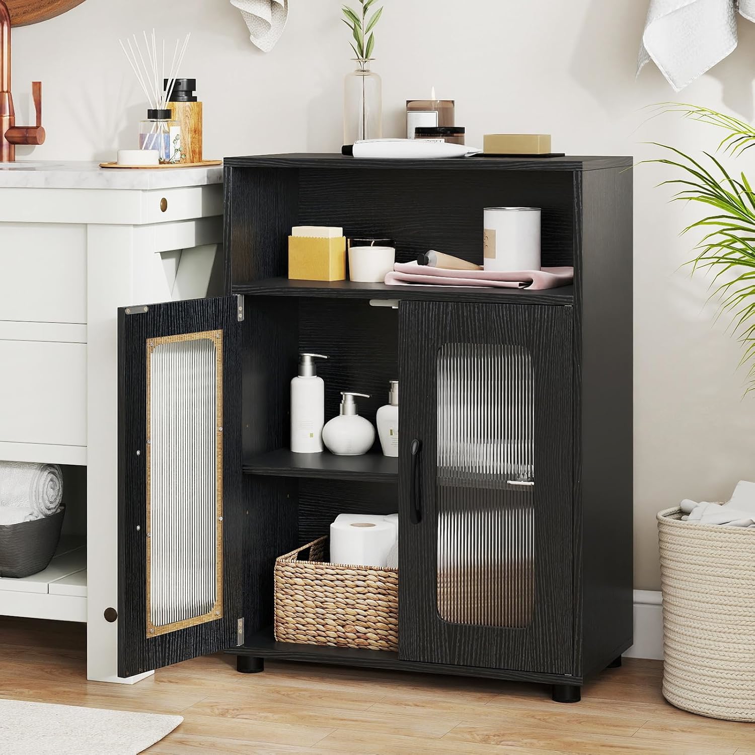 Bathroom Storage Cabinet, 83 Cm Freestanding Organizer Unit With 5 Legs, 2 Doors, Open Cube