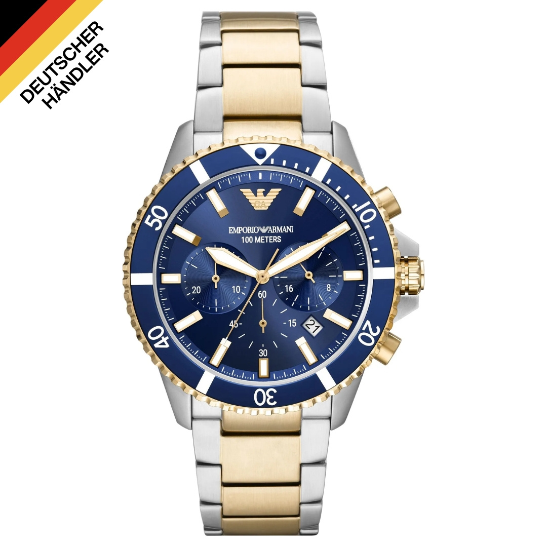 Emporio Armani Ar11362 Chronograph 43 Mm Optic Silver Gold, Blue Dial