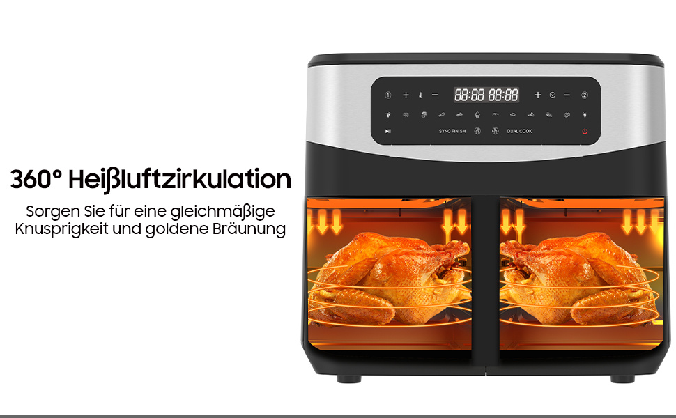 12L Dubbele Kamer Airfryer, XXL Heetluchtfriteuse met Kijkvenster, Digitaal LED-Display, 2 Vakken, 10 Programma's, Sync Afwerking & Dubbele Kookfunctie, Dehydratorfunctie, Timer, Gebruiksvriendelijk, 50-200°C, 2600W