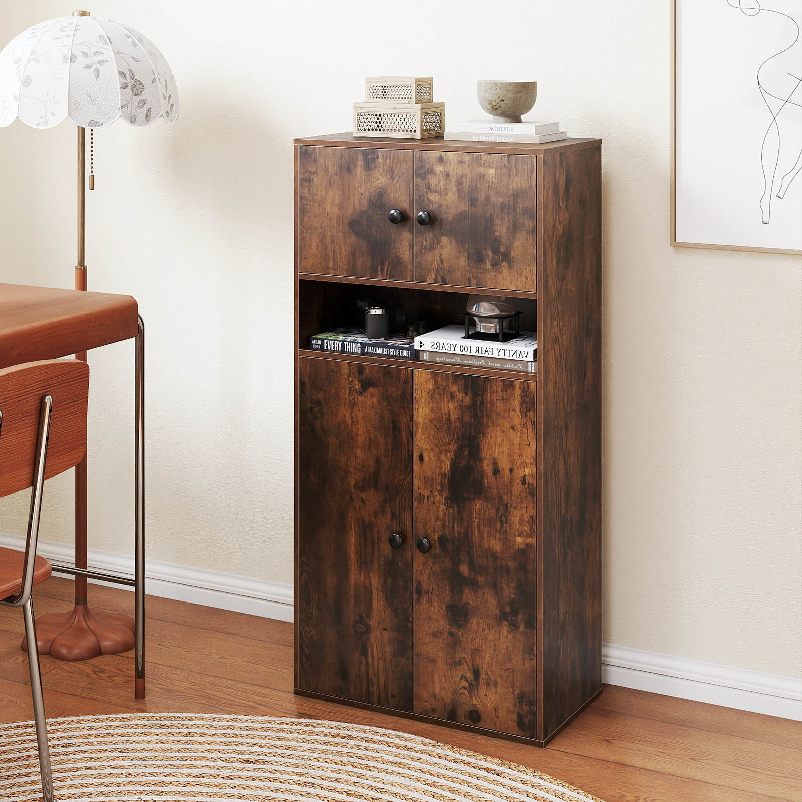Storage Furniture, Library With 2 Double Door Sheets, Adjustable Shelf, Compartment, Anti-slip Kits, 54 X 30 X 111 Cm