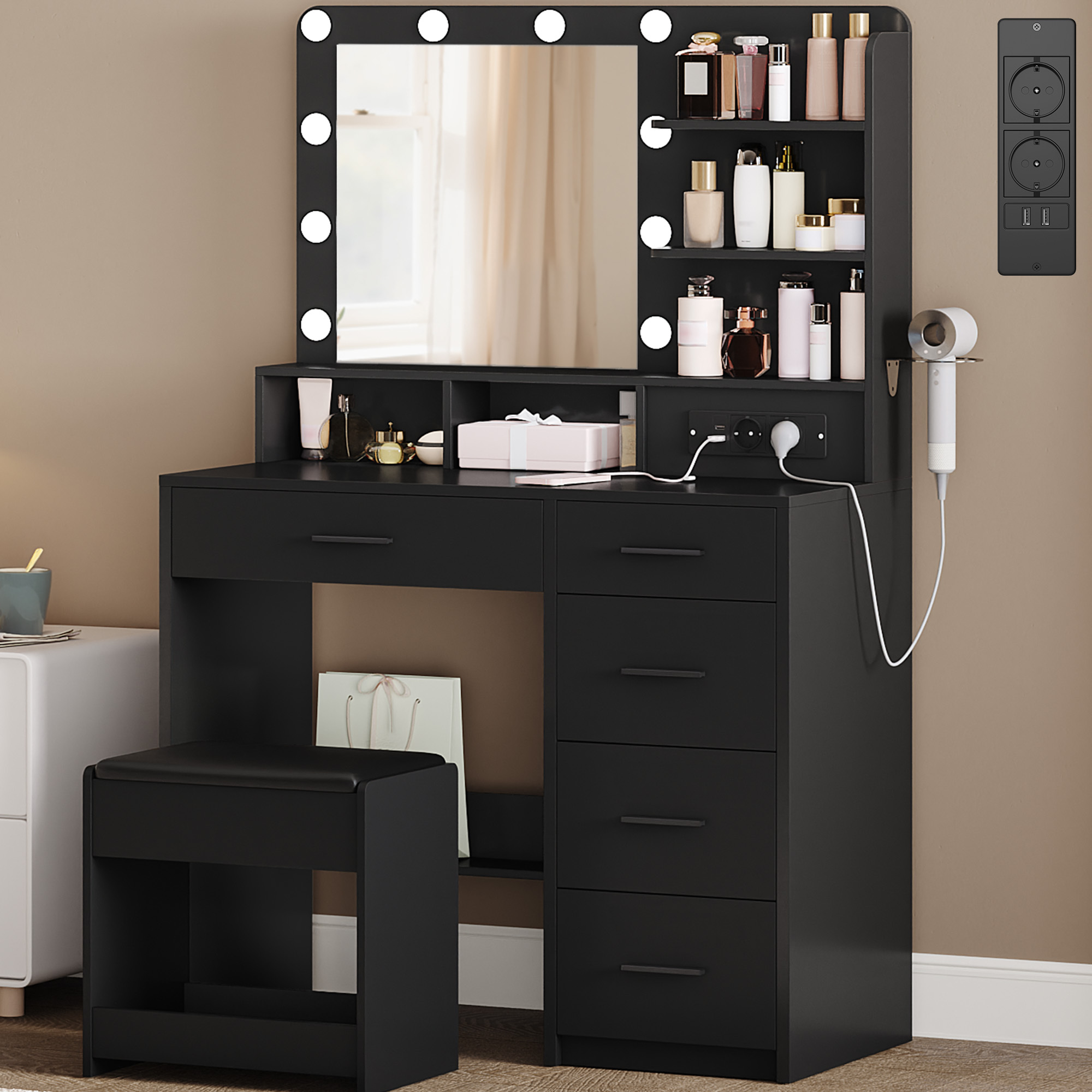 Makeup Vanity With 10 Led Lights In 3 Colors, Outlet, Large Mirror, Stool, Hair Dryer Holder, Multiple Drawers, White