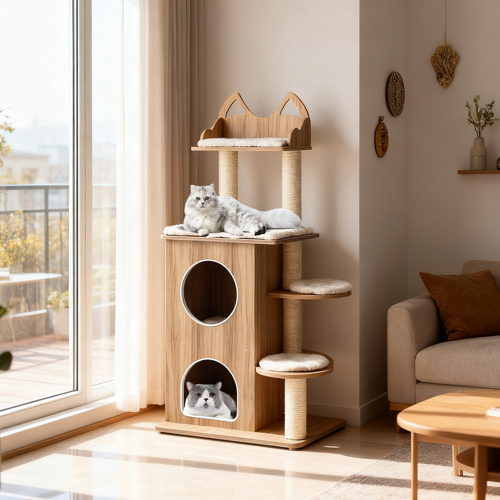 Wooden Cat Tree, 48" Cat Tower For Indoor Cats With 2-floor Condo, Cute Top Perch, Sisal Scratching Posts, 3 Platforms With Washable Detachable Cushions, Multi-level Pet Activity Center