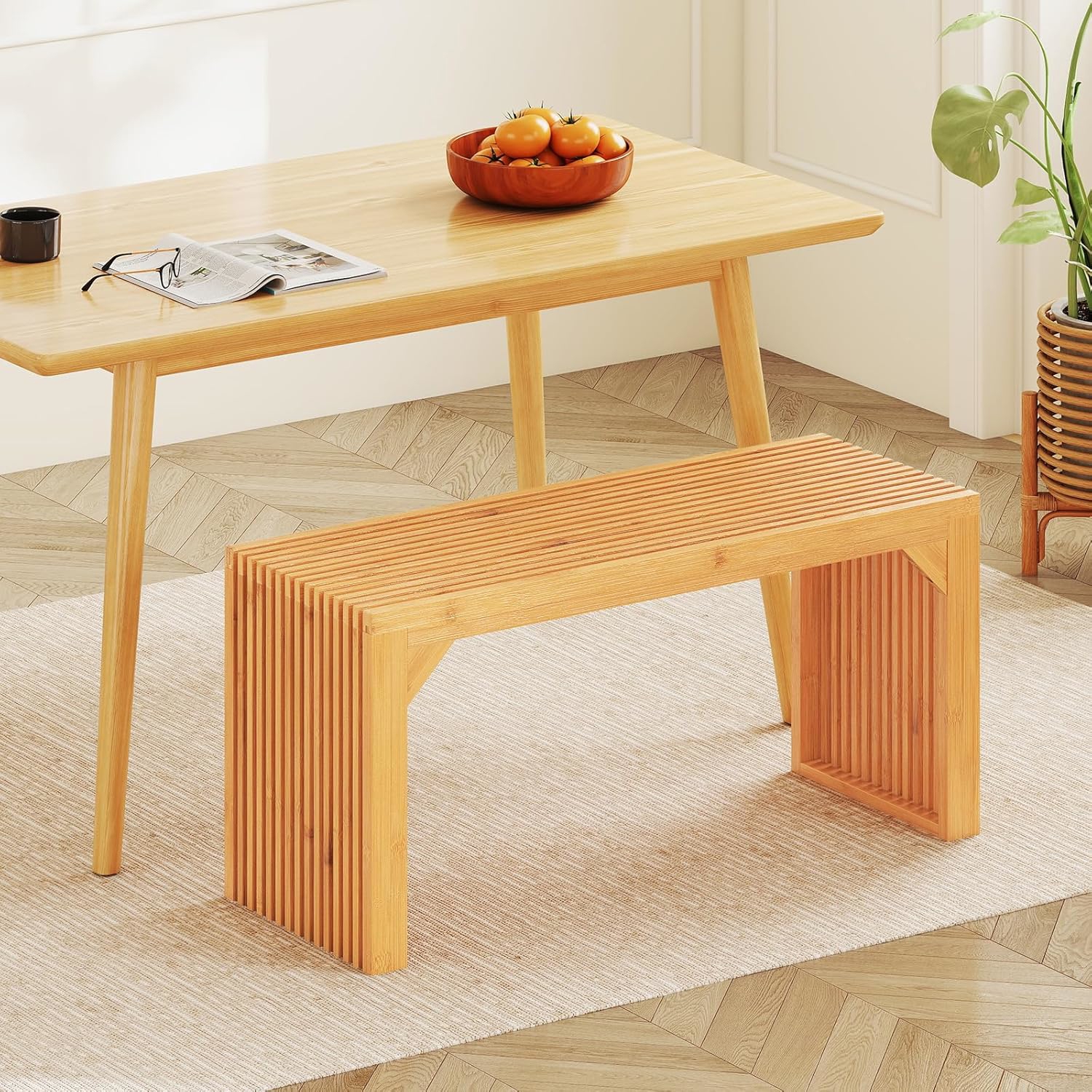 Image of 36" Bamboo Dining Bench, Farmhouse Wood Entryway Bench Conversation Seat With Slatted Seat, Thickened Base