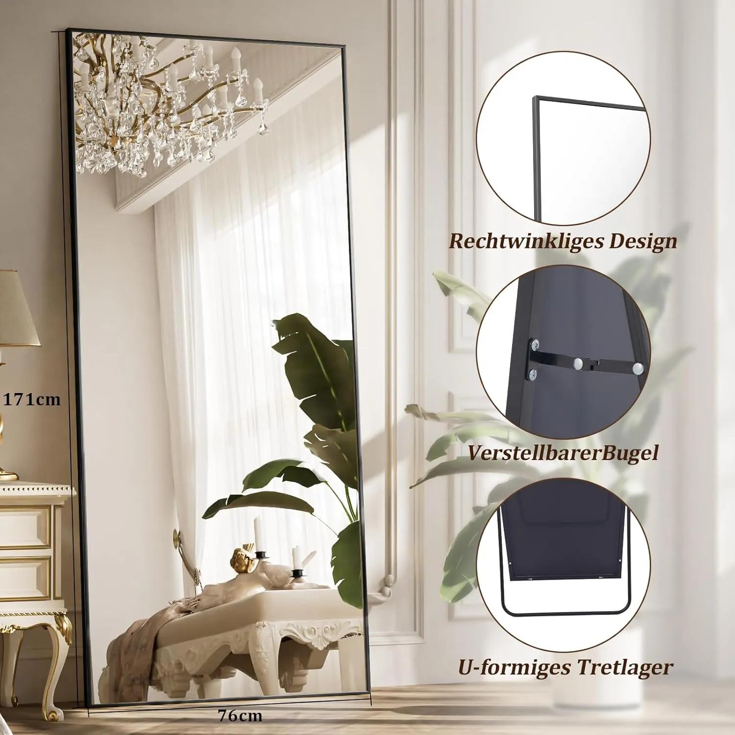 Oglindă verticală de lungime completă, 171 X 76 cm, cu design ramă din aluminiu, potrivită pentru a sta în picioare, a se sprijini deperete sau a fi agățată. Ideală ca oglindă lungă pentru dormitoare sau sufragerii. Model negru.