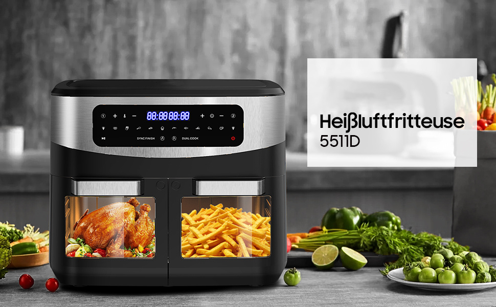 12L Dubbele Kamer Airfryer, XXL Heetluchtfriteuse met Kijkvenster, Digitaal LED-Display, 2 Vakken, 10 Programma's, Sync Afwerking & Dubbele Kookfunctie, Dehydratorfunctie, Timer, Gebruiksvriendelijk, 50-200°C, 2600W