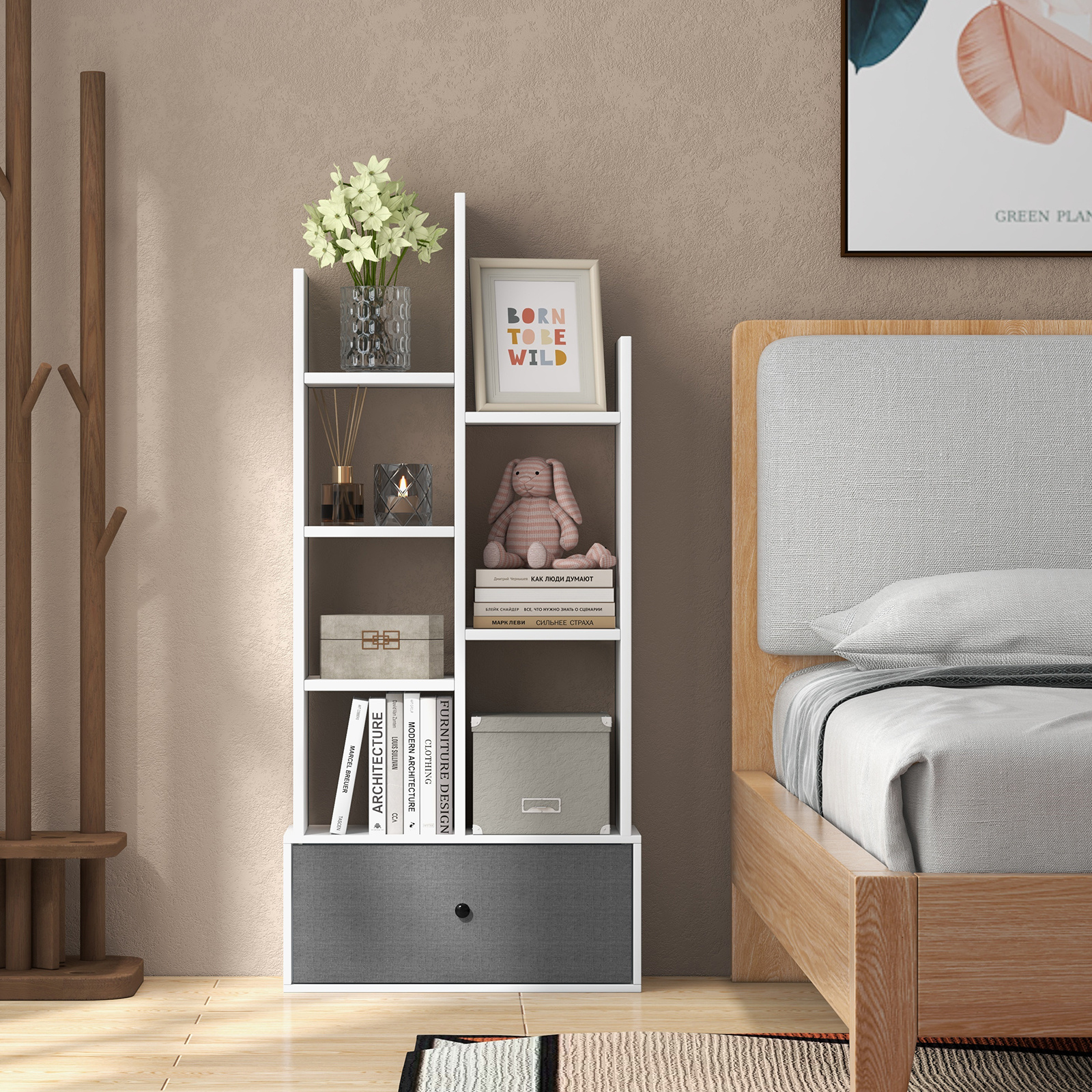 Image of 7-tier Open-back Bookshelf W/ Drawer, 47" Wood Bookcase W/ 7 Compartments, Home Organizer Display Shelf, Freestanding Storage Rack For Study, Living Room, Bedroom