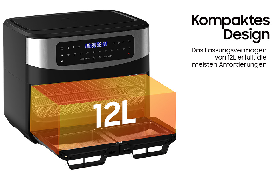 12L Dubbele Kamer Airfryer, XXL Heetluchtfriteuse met Kijkvenster, Digitaal LED-Display, 2 Vakken, 10 Programma's, Sync Afwerking & Dubbele Kookfunctie, Dehydratorfunctie, Timer, Gebruiksvriendelijk, 50-200°C, 2600W