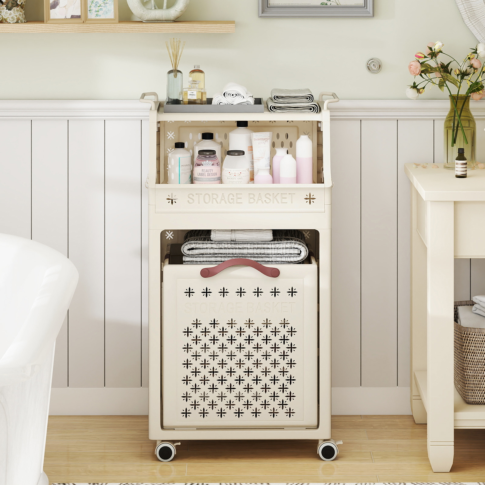 Rolling Linen Basket, Plastic Folding Linen Basket With Top Shelf, Storage Tank And Hooks, Beige